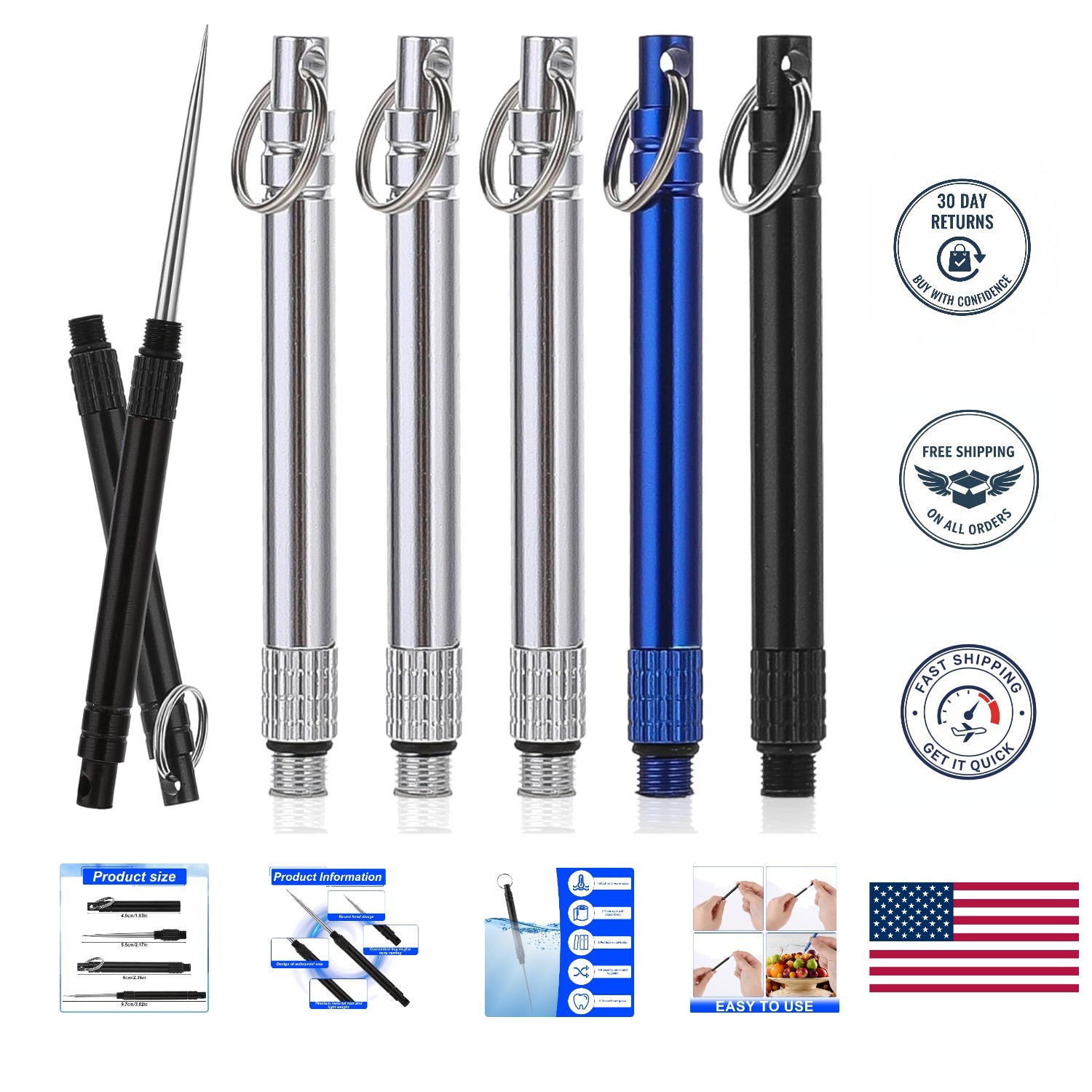 6PCS Portable Metal Titanium Toothpicks Reusable with Keychain for Travel Campin