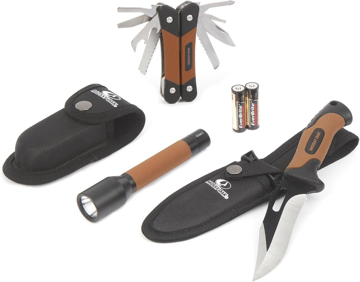 Mossy Oak EDC 3 piece set, fixed blade pocket knife, 12 tool multitool, 3 mode f