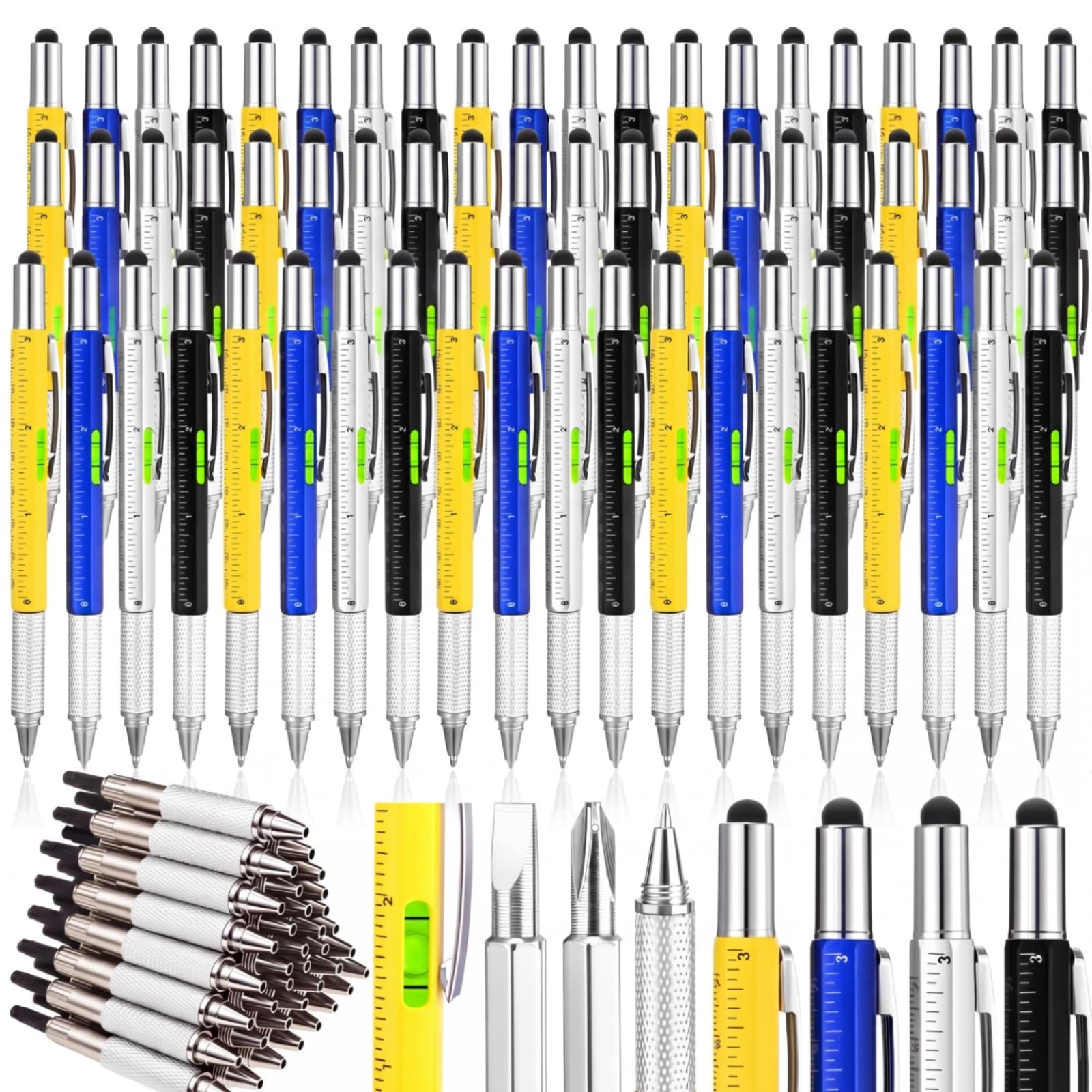 60 Pcs Multi-Tool Pens Set – 6-in-1 with Refills, Ruler & Level Gauge – Perfect