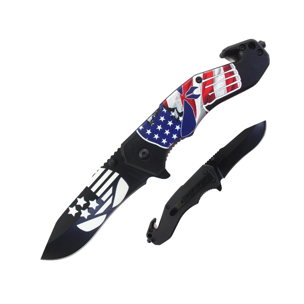 8.5″ Spring Assisted Pocket Knife Tactical Folding Knives Skull /USA Flag Tactic