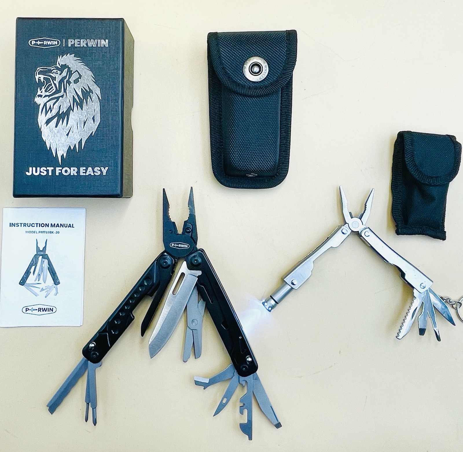 Lot of 2 Stainless Steel Multi-Tool Pliers 20-in-1 Perwin & 8-in-1 w/ Sheaths