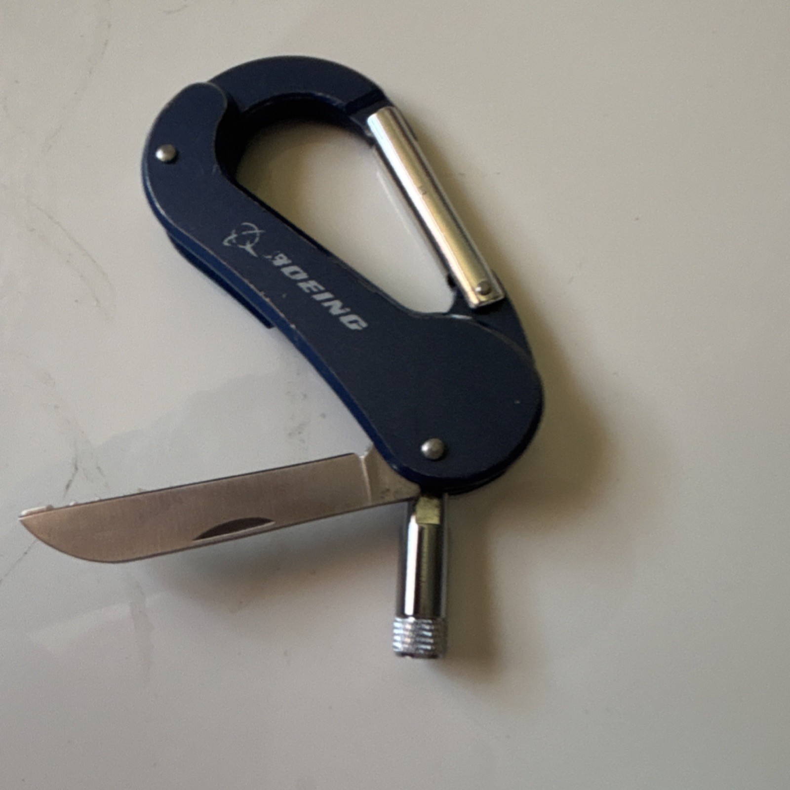 Boeing Carabiner Multi-Tool Knife & Saw, 2in Part Serrated Blue/Silver