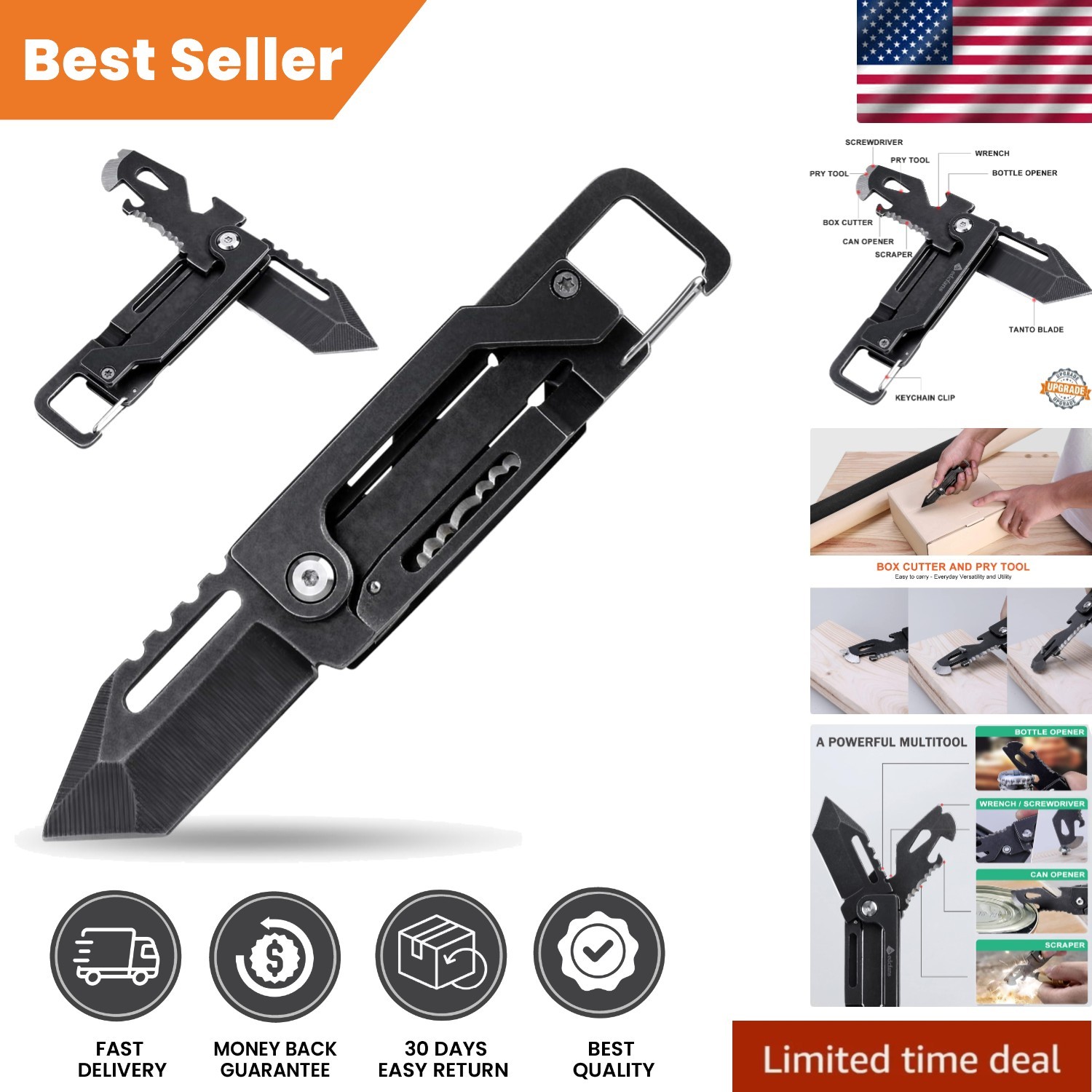 Compact Stainless Steel Keychain Knife – 8-in-1 Multitool for Hiking & Camping