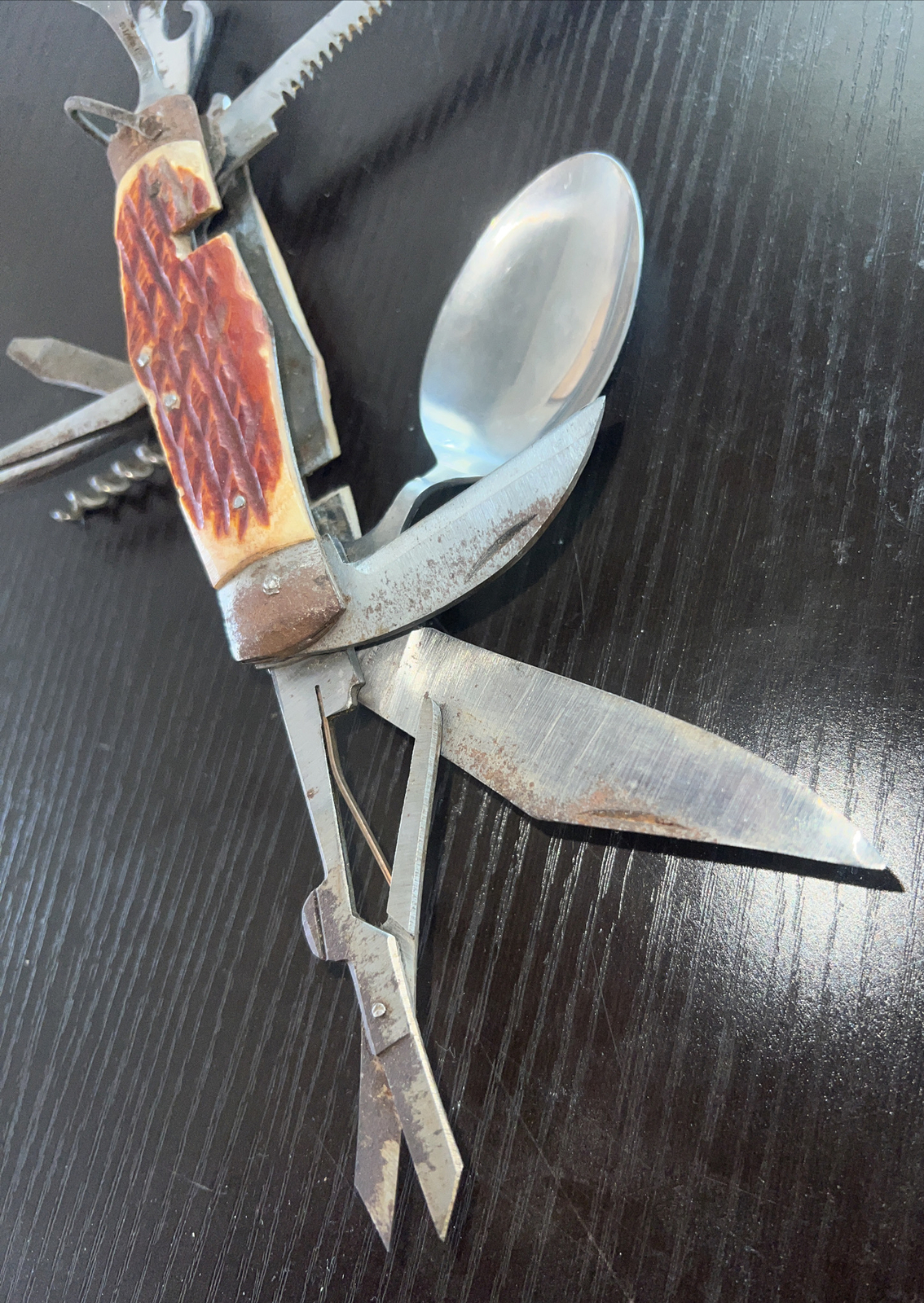 Vintage 11-in-1 Stainless Steel Multi-tool with leather sheath Carved Handle