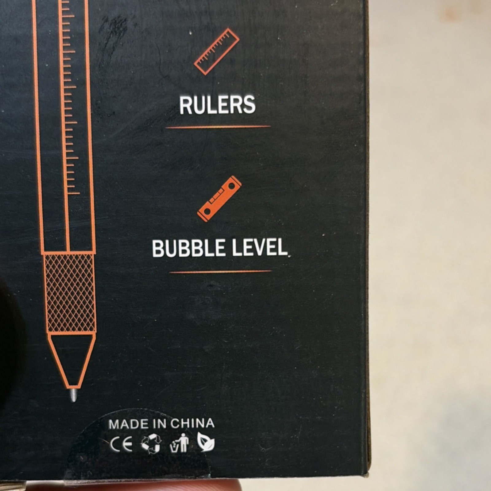 Black Multi-Tool Pen with LED Light, Stylus, Screwdriver, Ruler, Bubble Level