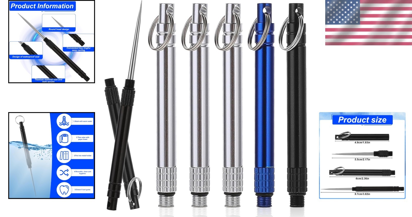 6PCS Portable Metal Titanium Toothpicks Reusable with Keychain for Travel Campin