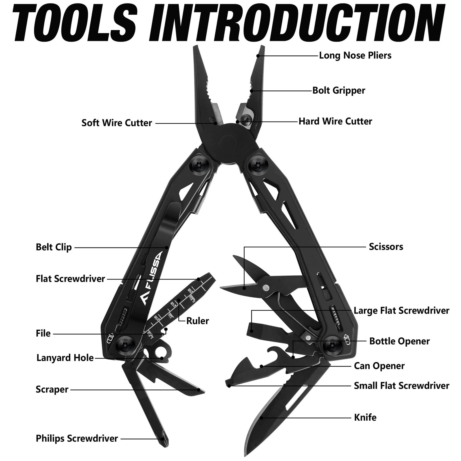 FLISSA 16-in-1 Stainless Steel Multi Tool, Gifts for Men, EDC Multitool Black