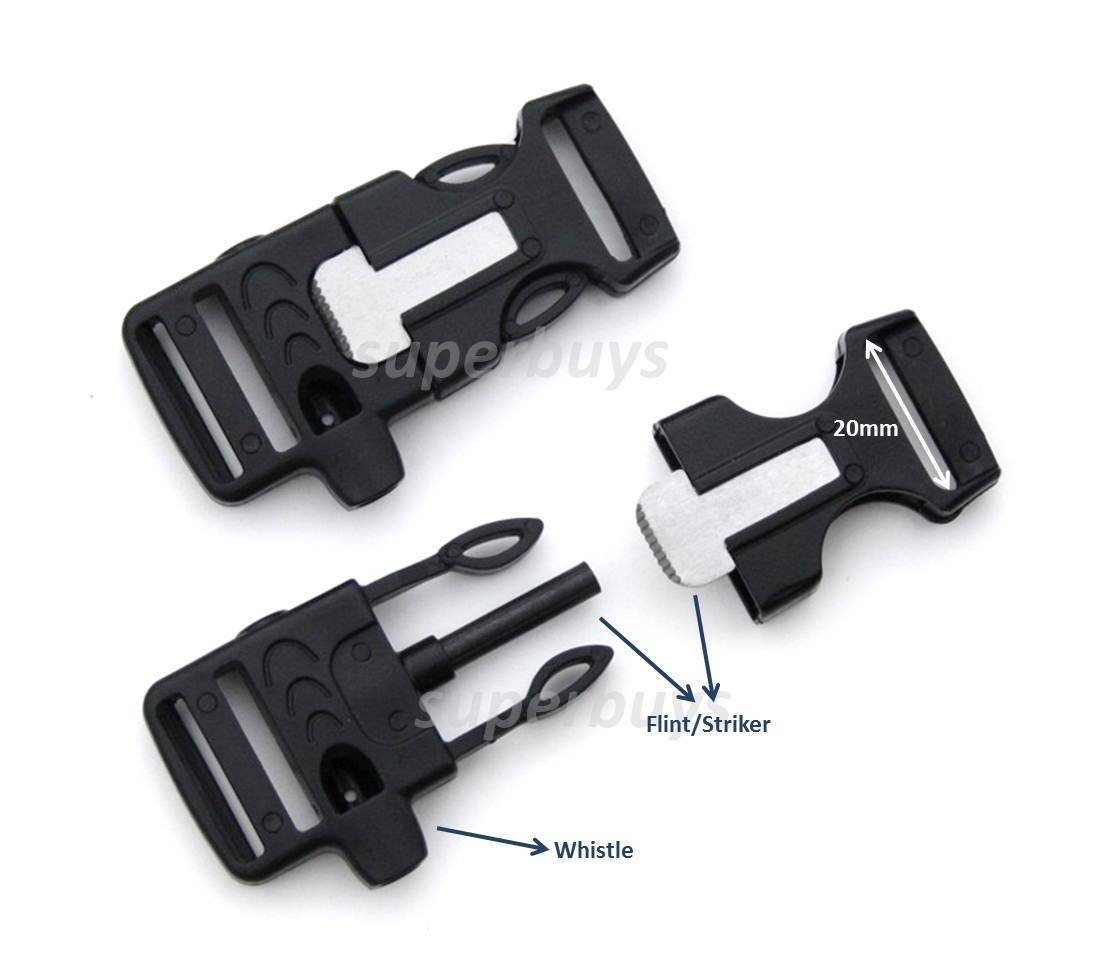 20mm Quick Side Release Buckle Paracord Belt Strap Whistle Flint Fire Starter BL