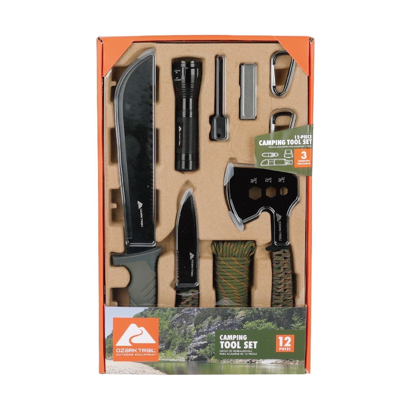 Ozark Trail 12 Pack Camping Tool Set with Flashlight, Machete, Knife – Green