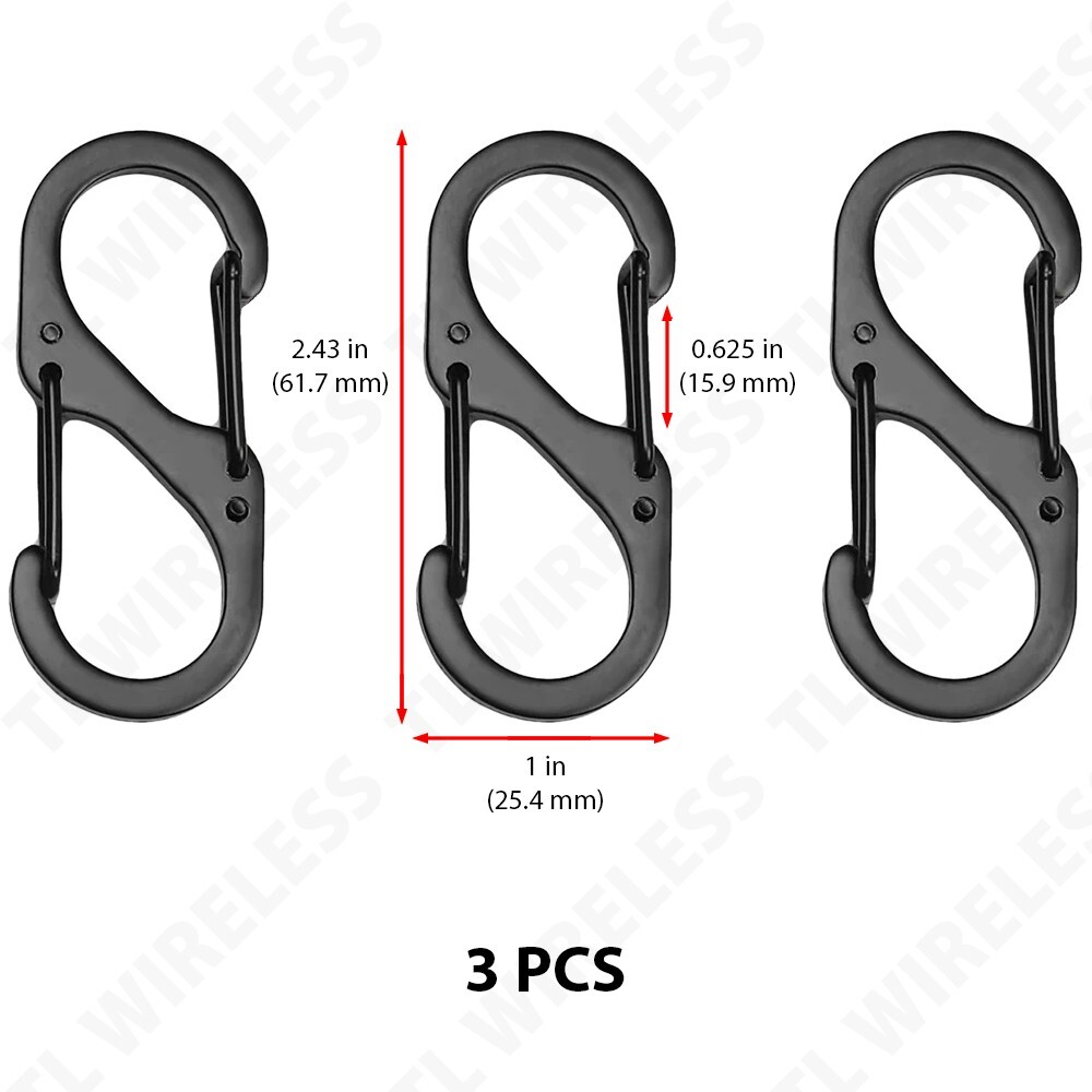 3 PCS Stainless Steel S Type Carabiner 2.43 inch Black, Lock Mini Keychain Hook