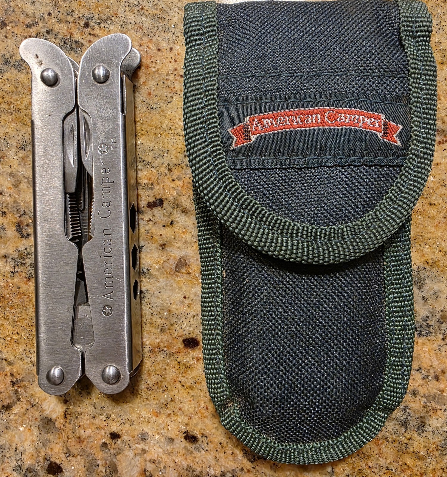 American Camper Multi Tool Green Sheath Pliers Ruler Can Opener Knife File