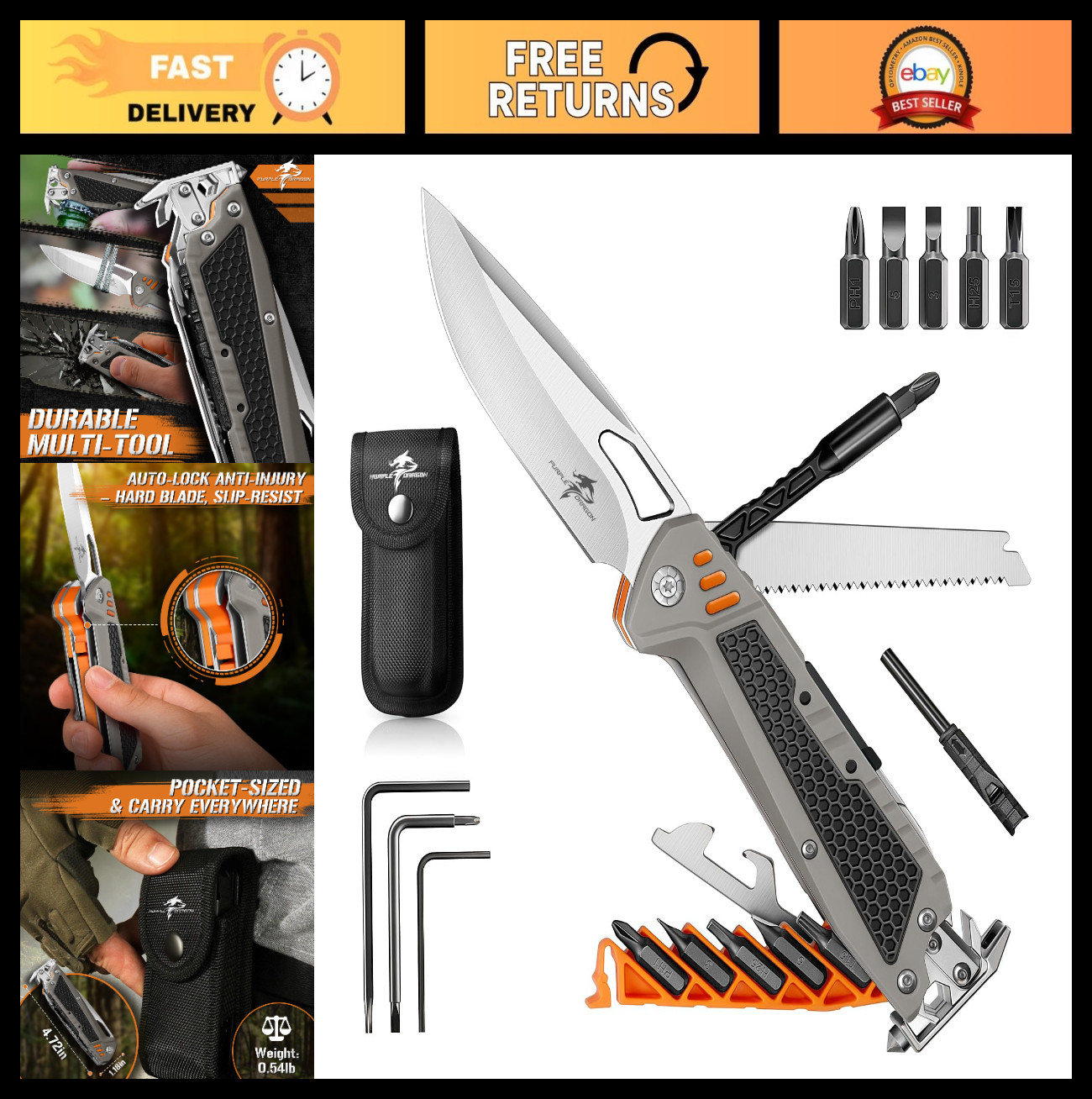 13-in-1 Purple Dragon Multitool Pocket Knife with Sheath for Camping, Hiking & O