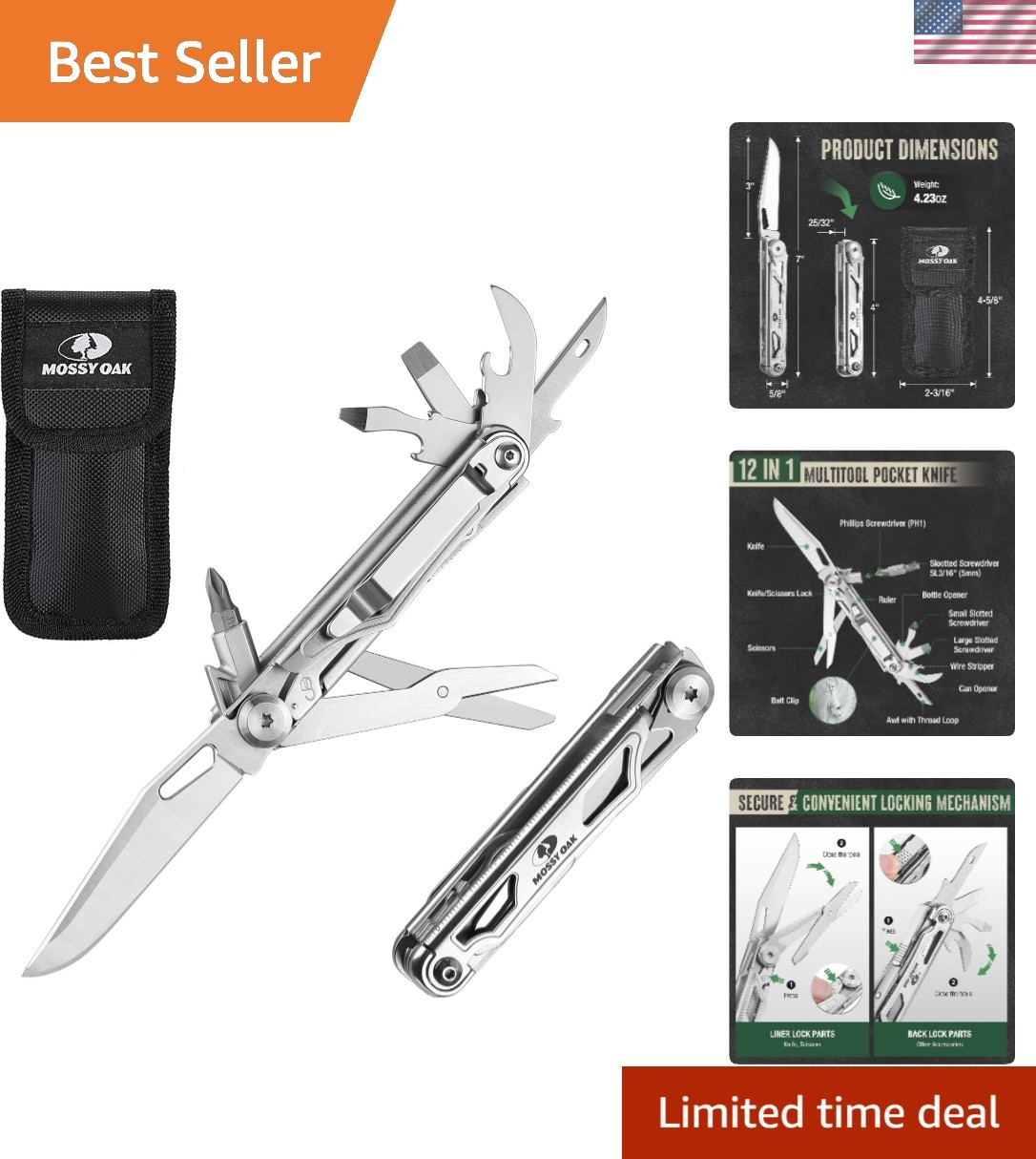 Mossy Oak 12-in-1 Multitool Pocket Knife with Pouch, Stainless Steel Multitool K