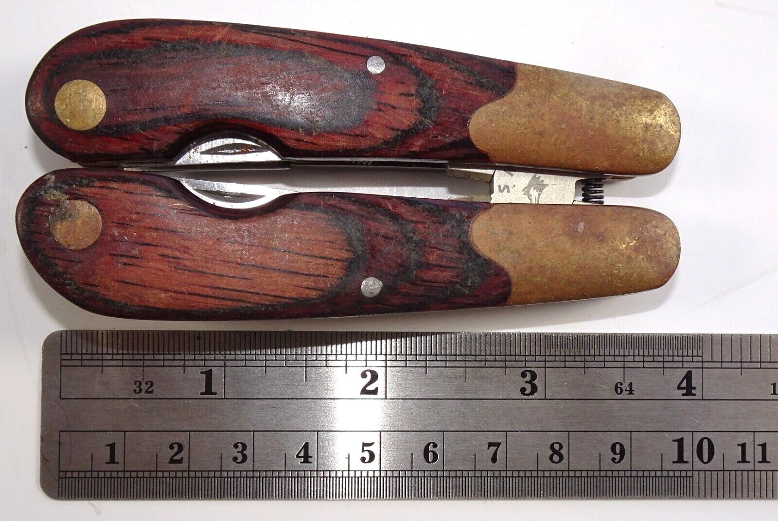 Husky Multi-Tool Knife Pliers Screw Drivers Ruler Saw Wood and Brass Handle