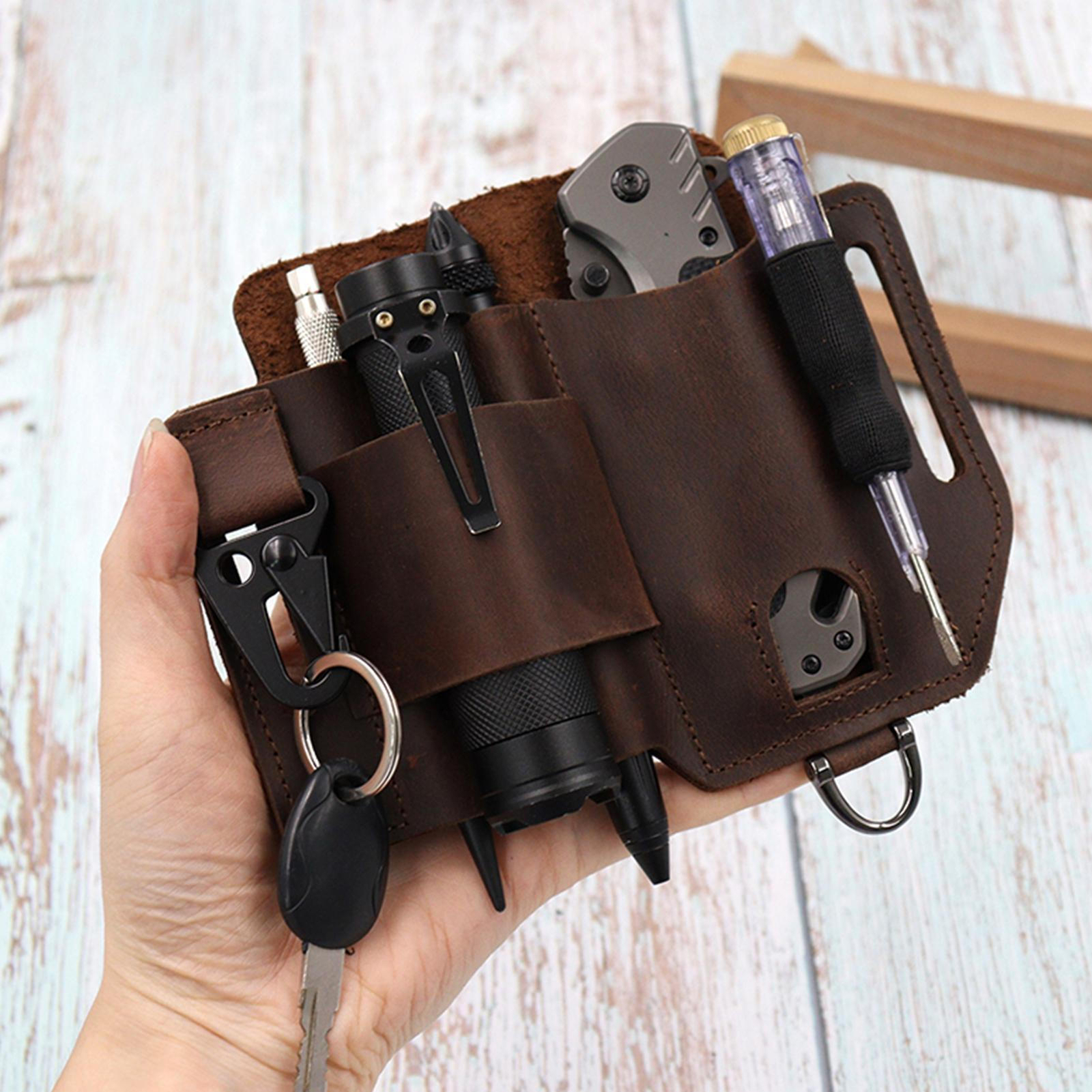 EDC Leather Sheath Holster Multitool Belt Organize Flashlight Pen Keychain Pouch