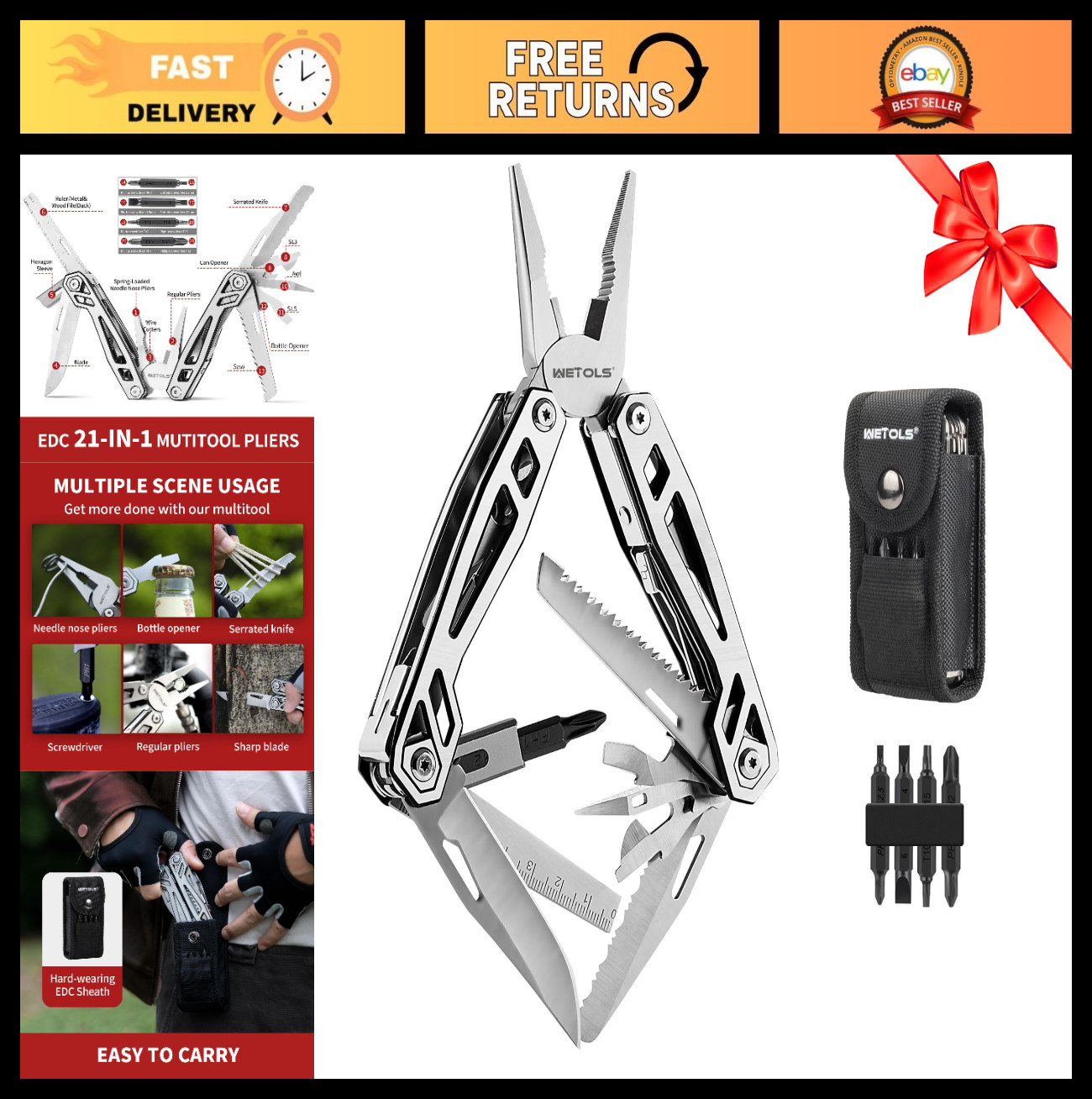21-in-1 Stainless Steel Multitool with Pocket Knife, EDC Sheath, Perfect Gift fo