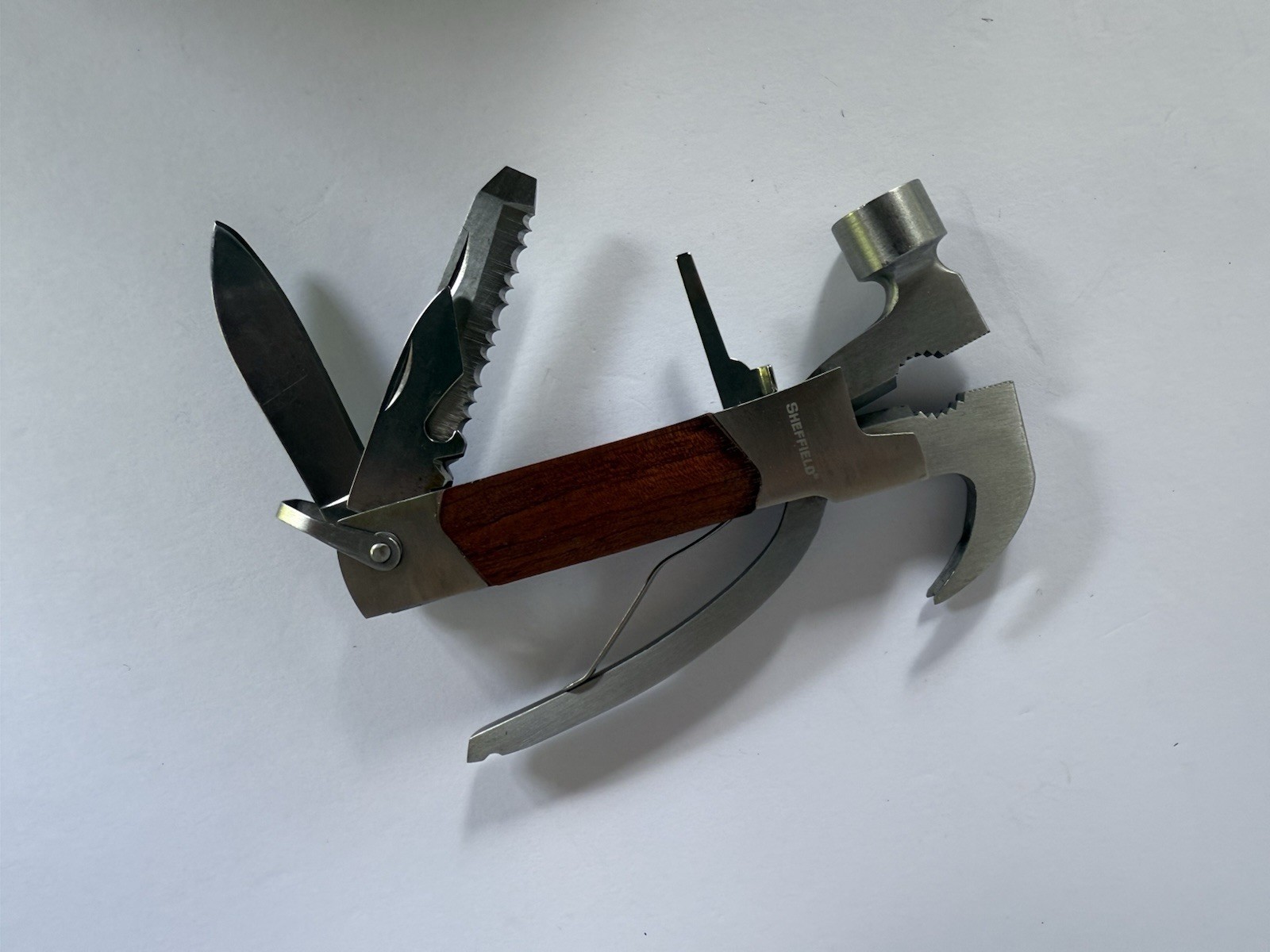 SHEFFIELD TOOLS, Hammer-Multi-tool. 14-in-1. Stainless & Wood. Nice.