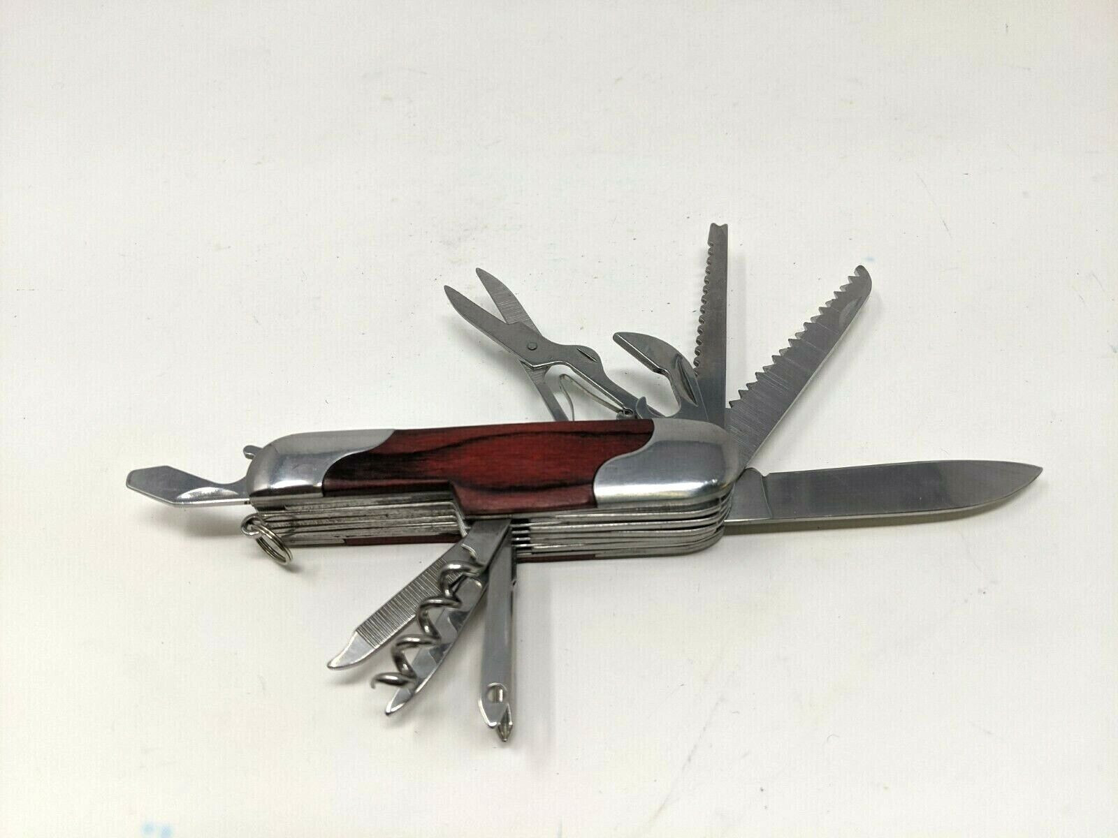 Vintage NRA 11 Multi Tool Knife Scissors Screwdriver Saw Wood Handle 3.5″ Long