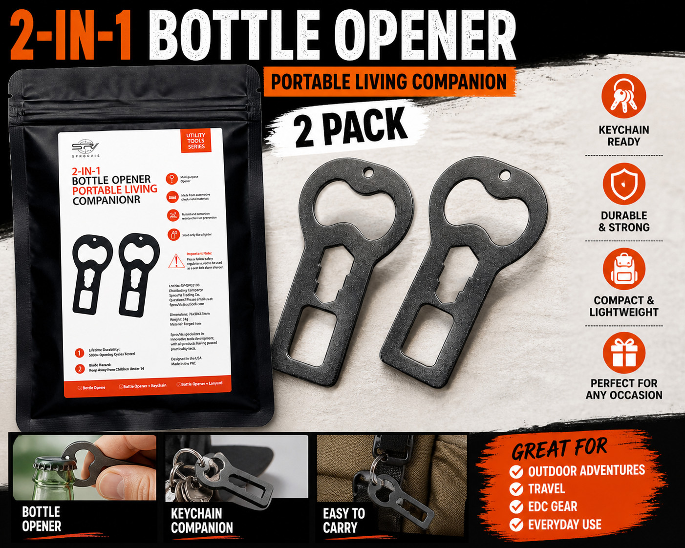 2 Pack Keychain Bottle Opener Multi Tool EDC Portable Stainless Steel NEW