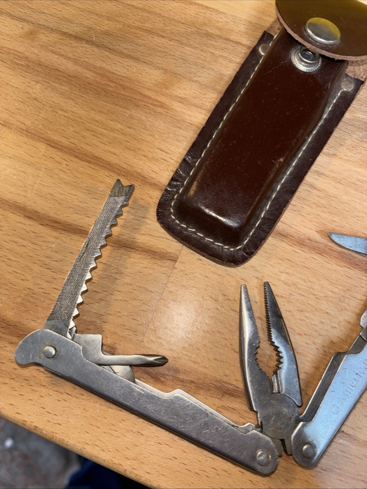 VTG American Camper Stainless Steel Multi Tool Foldable W Brown Belt Case Sheath