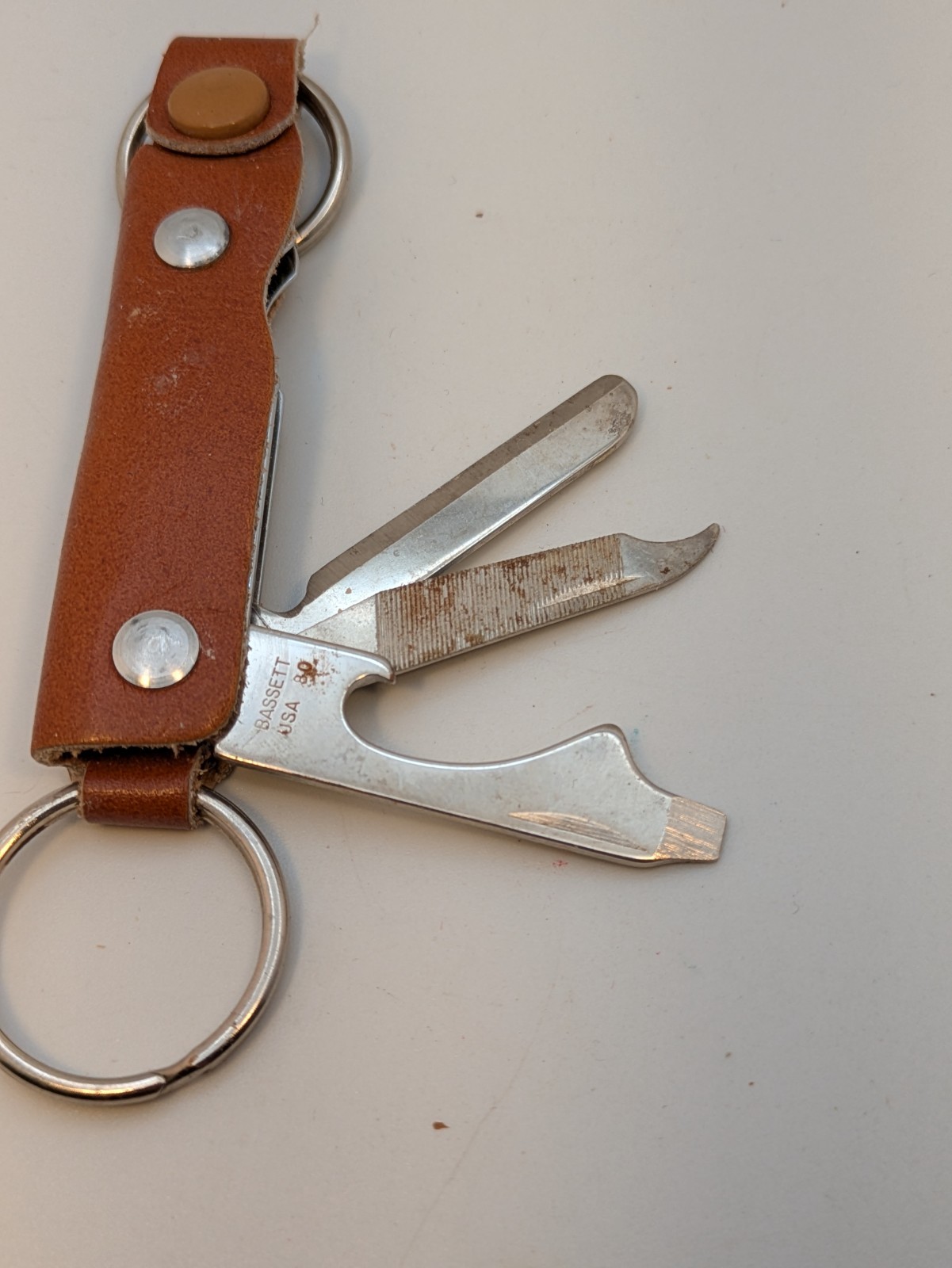 Bassett Leather Wrapped Multi-Tool Keychain Nail File Screwdriver Bottle Opener