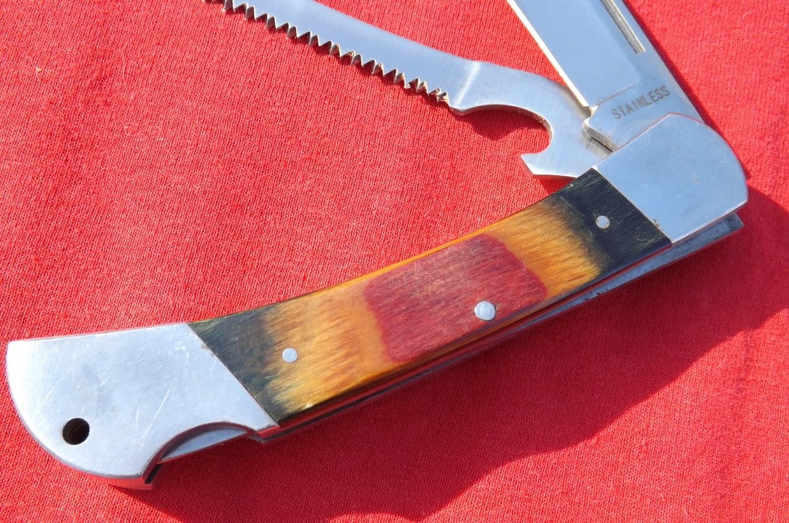 Vintage Multi-Tool Lockback Folding Knife w/ Wood Handles & Saw Blade NICE