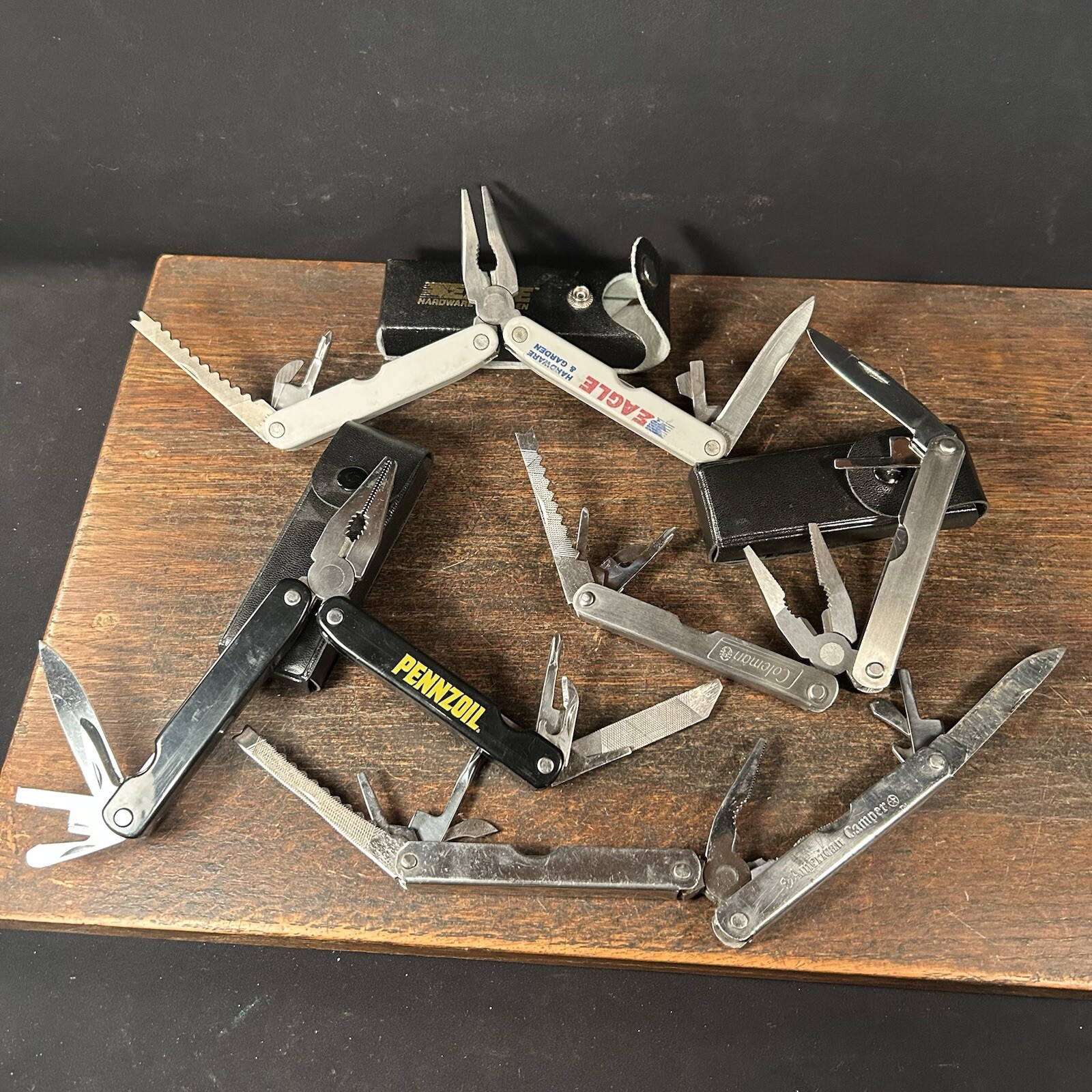 Vintage Multi Tool Lot (4) Knife Pennzoil Eagle Coleman American Camper