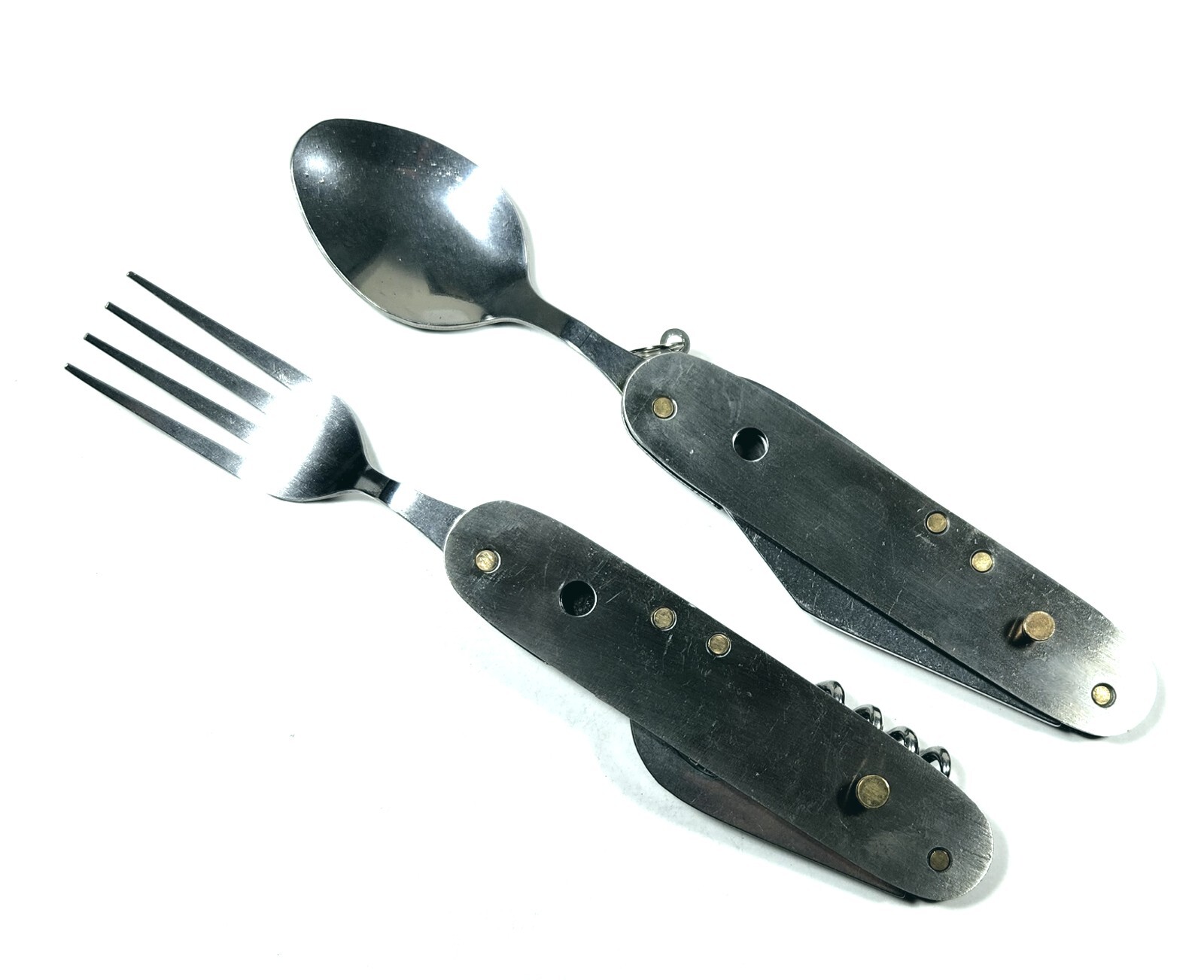 Hobo Camping Pocket Knife Fork & Spoon Can & Bottle Opener Cork Screw Utensil