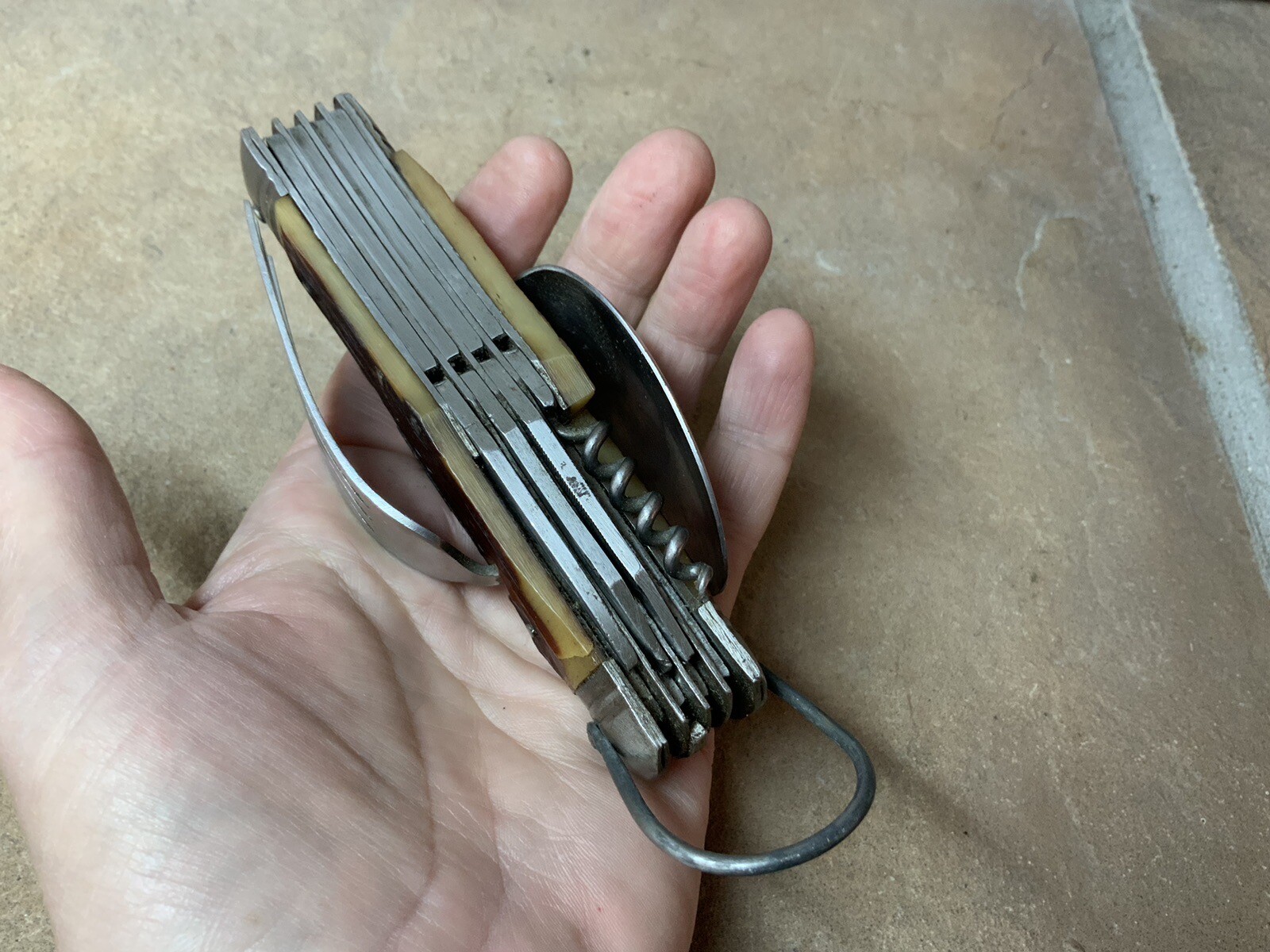 Vtg Camp Multi Tool 11 Gadgets Full Size Spoon Fork Saw Knife Open Hi Test Japan