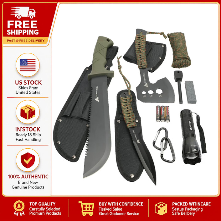 Ozark Trail Camping Tool Set, 12 Piece, Includes Flashlight, Machete, Knife, Out