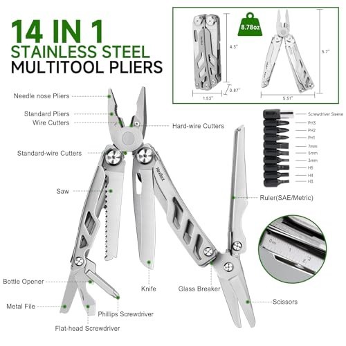 14-in-1 Stainless Steel Multi-Tool Pliers, EDC Utility Tool with Knife & Scissor