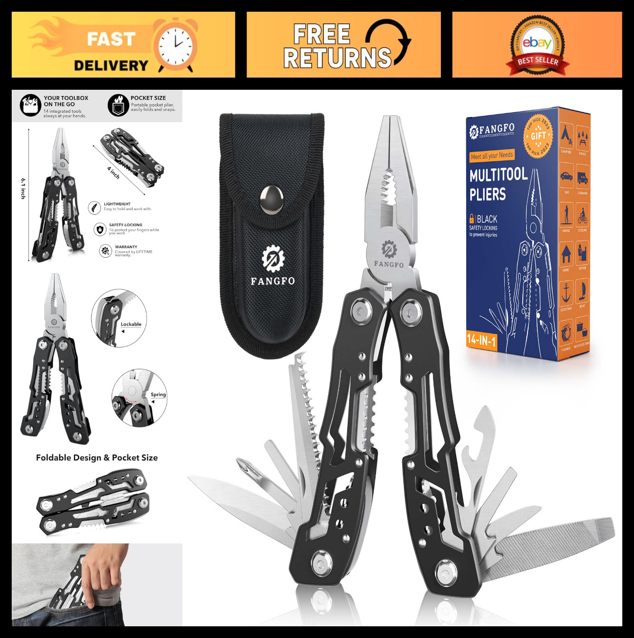 14-in-1 Stainless Steel Multitool with Safety Lock, Pliers, Knife & Sheath for C