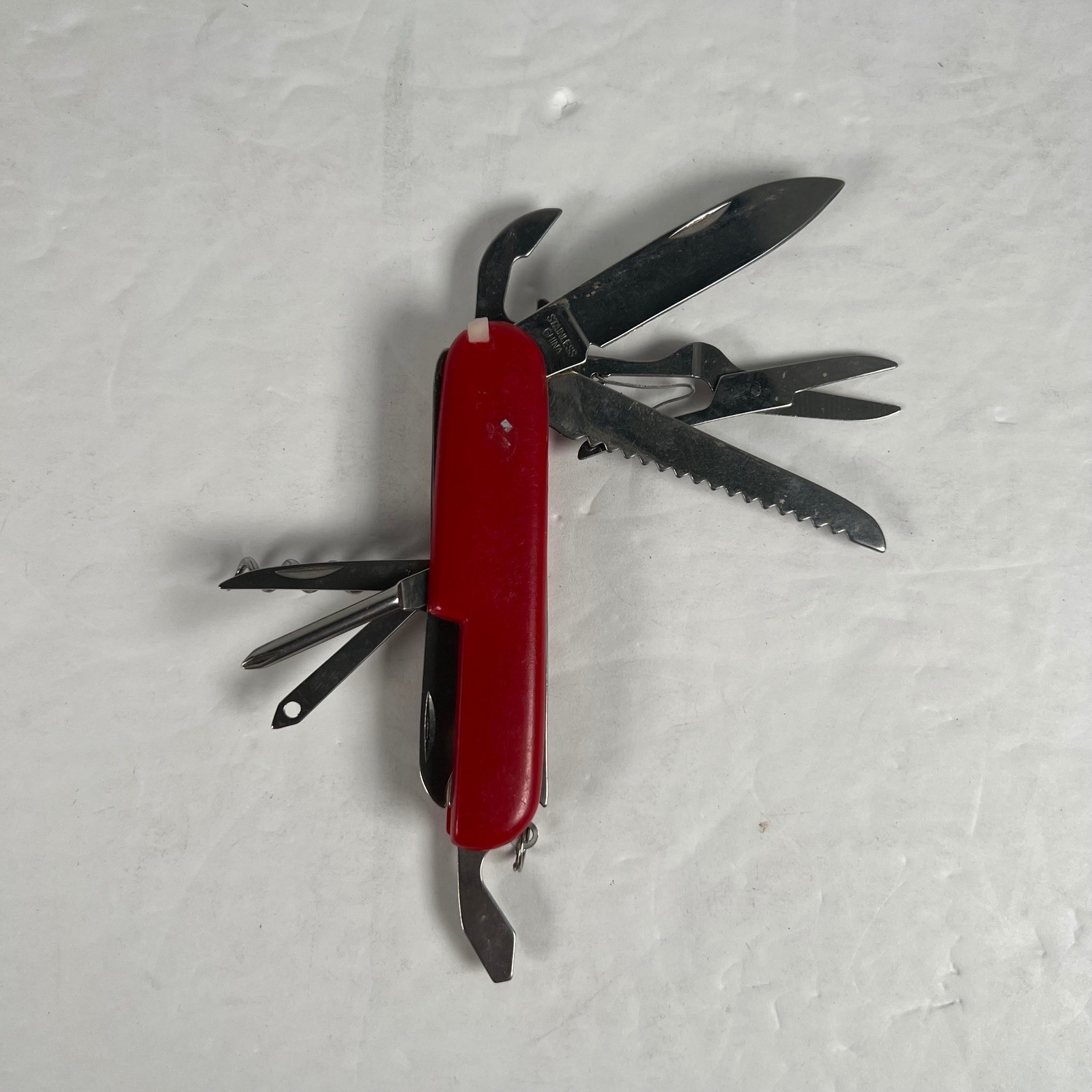 Red Multi Tool Pocket Knife Stainless Steel 11 Functions Scissors Saw SKU