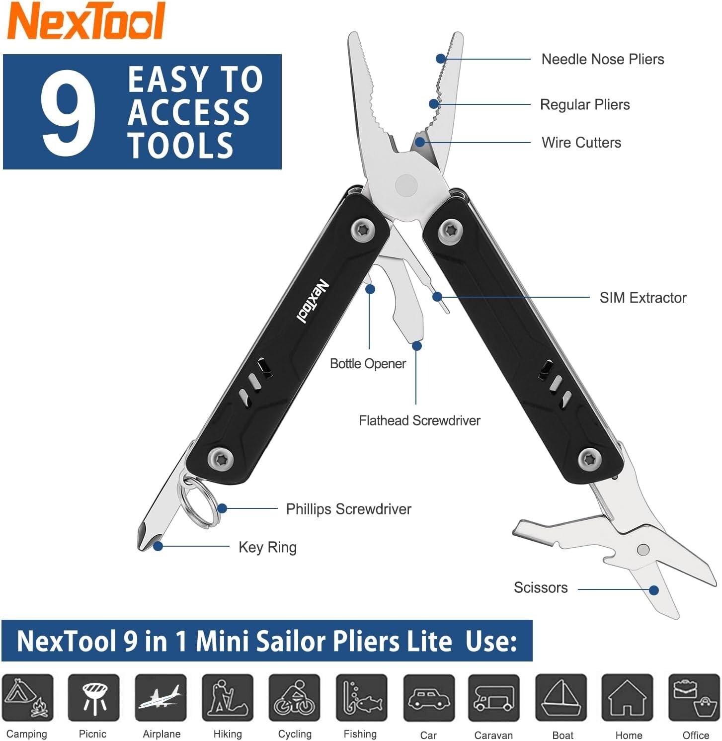 Keychain Multitool, 9 in 1 Mini Multitool with Nose Pliers Scissors SIM Extrac