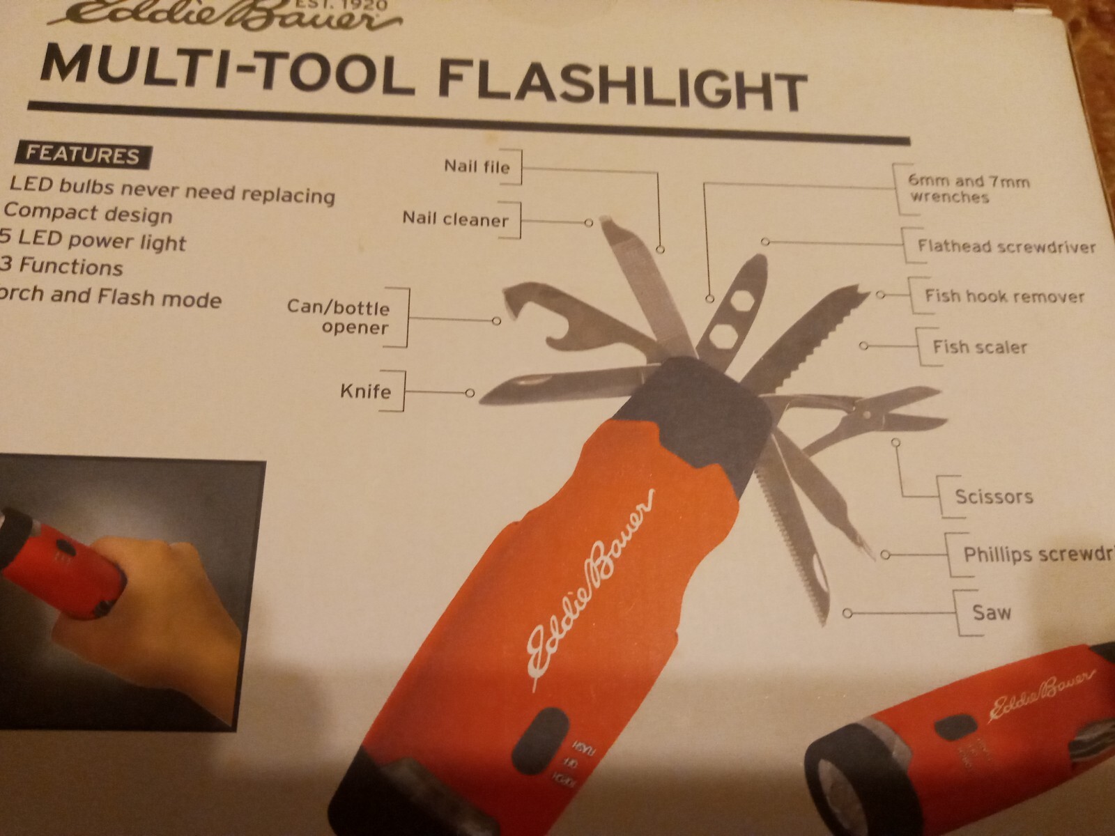 Eddie Bauer Multi-tool Flashlight Multi-purpose 2 Mode Light 12 Functions 5 LEDS