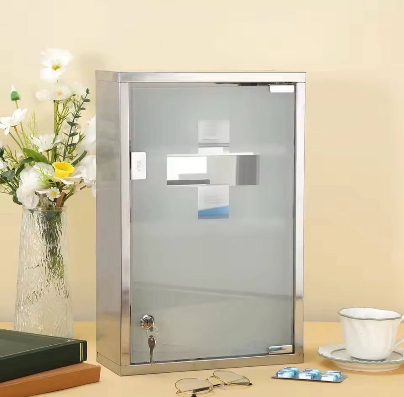 Lockable Wall Medicine Cabinet with Glass Door and Shelves for Bathroom Storage