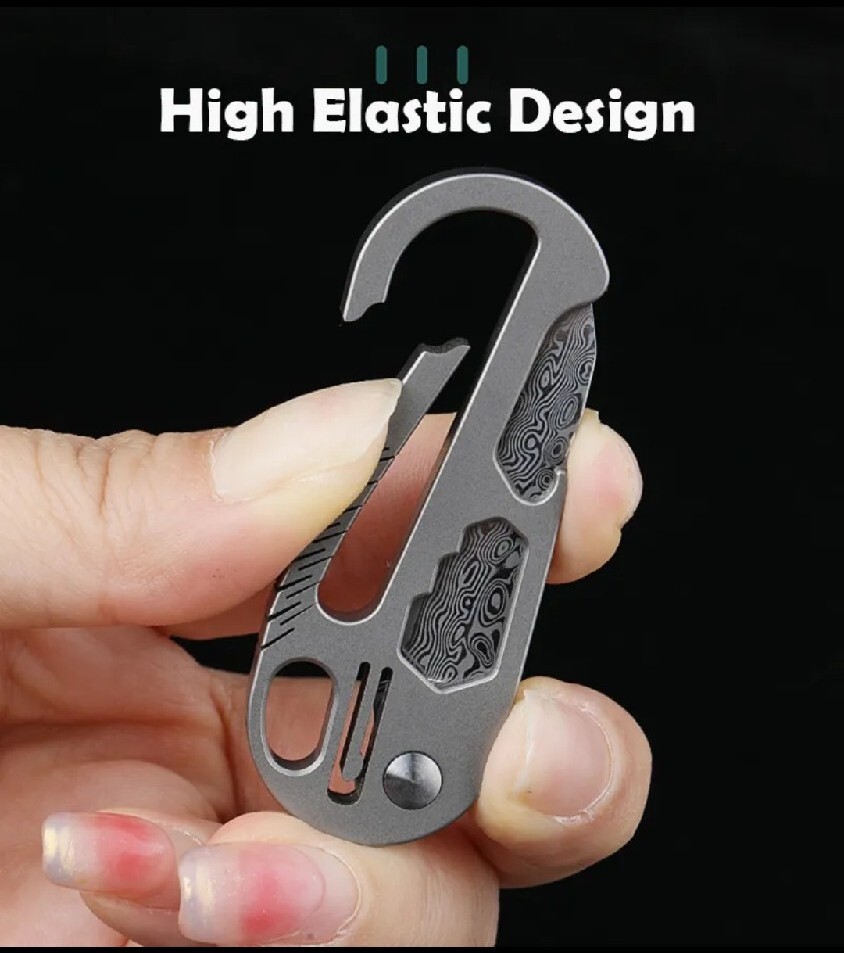 Mini EDC Multitool – Anodized Blue Titanium Carabiner Keychain w/ Damascus Blade