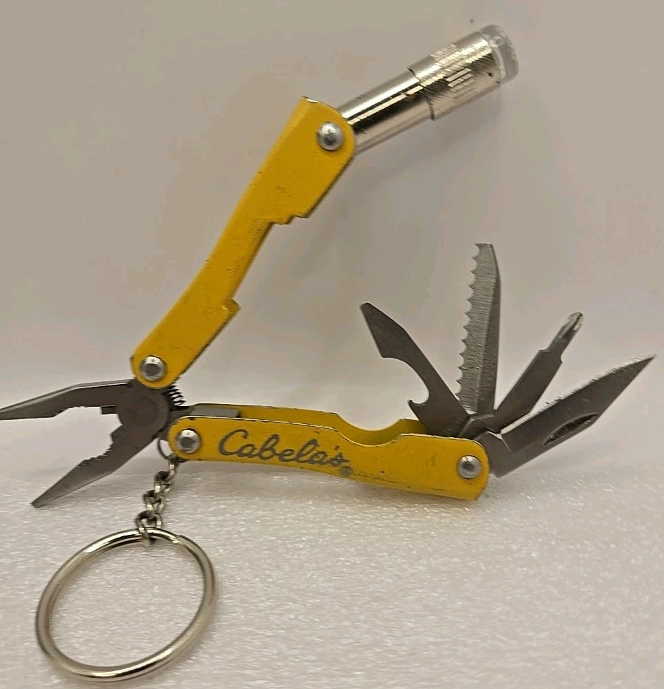 Cabelas Pocket Multi-Tool Flashlight Serrated Knife Can Opener Pliers Keychain