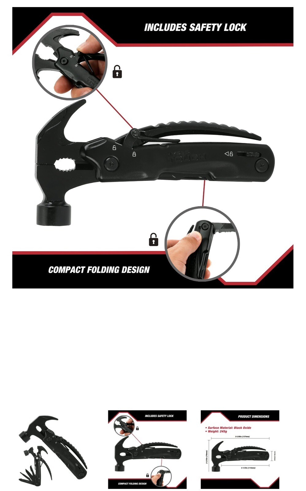 Hyper Tough 12-in-1 Hammer Multitool, Black, Holiday Gift, Model 42865