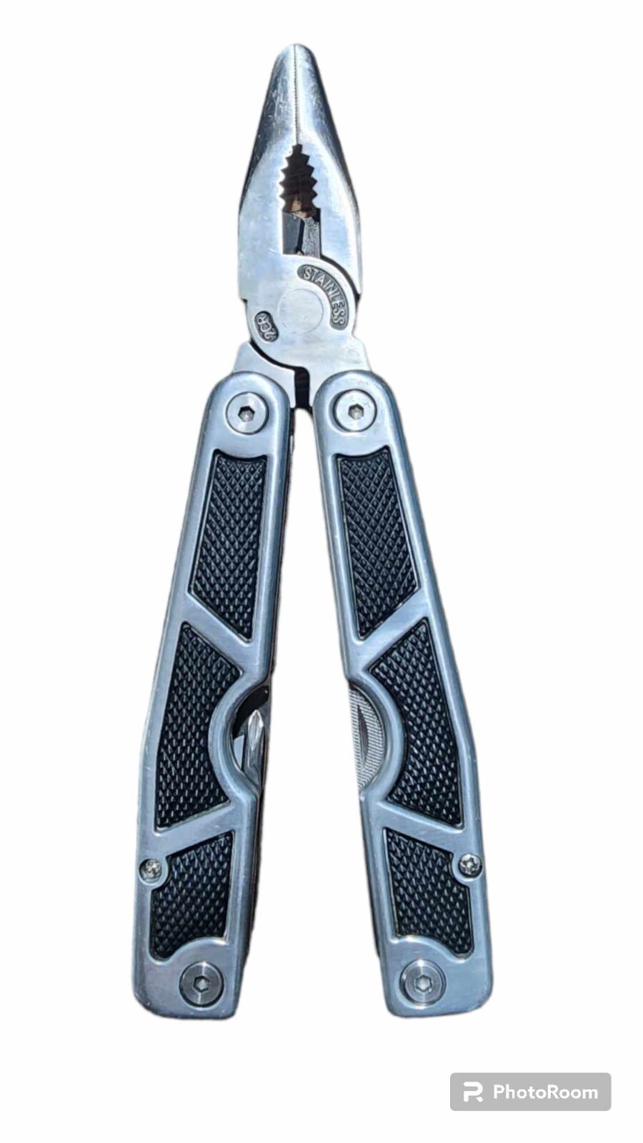 Multitool with Black Rubber Inserts in Handle Stainless Steel 10 tools with Case