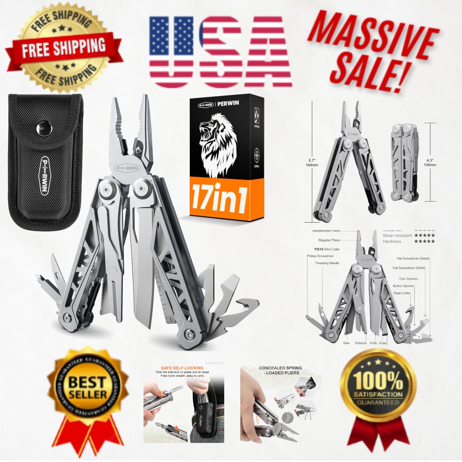 High-Quality 17-in-1 Stainless Steel Multitool with Portable Sheath for Hiking