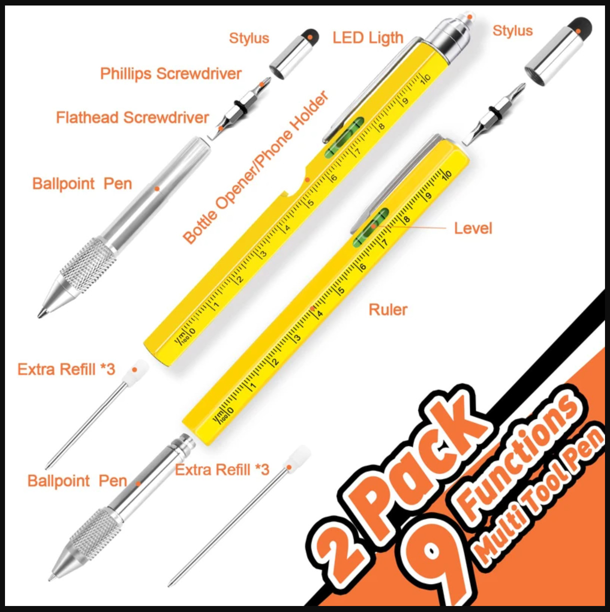 KEZKALS, 9 in 1 Multi-Tool Pen Set Screwdriver, Ruler, LED Light, Level – Yellow