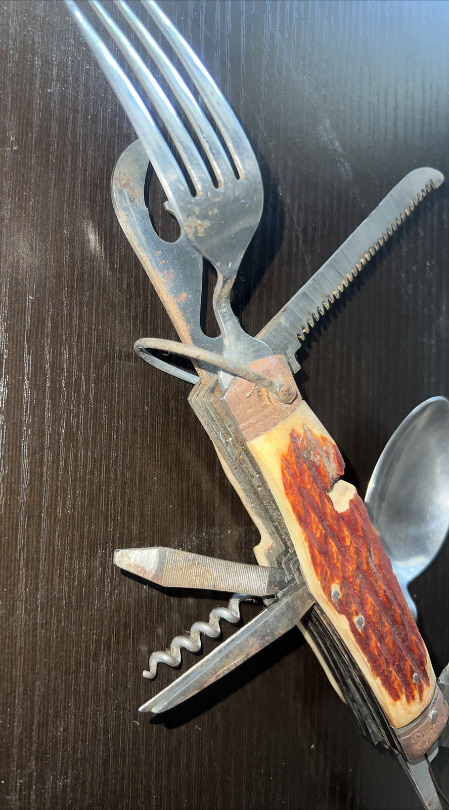 Vintage 11-in-1 Stainless Steel Multi-tool with leather sheath Carved Handle