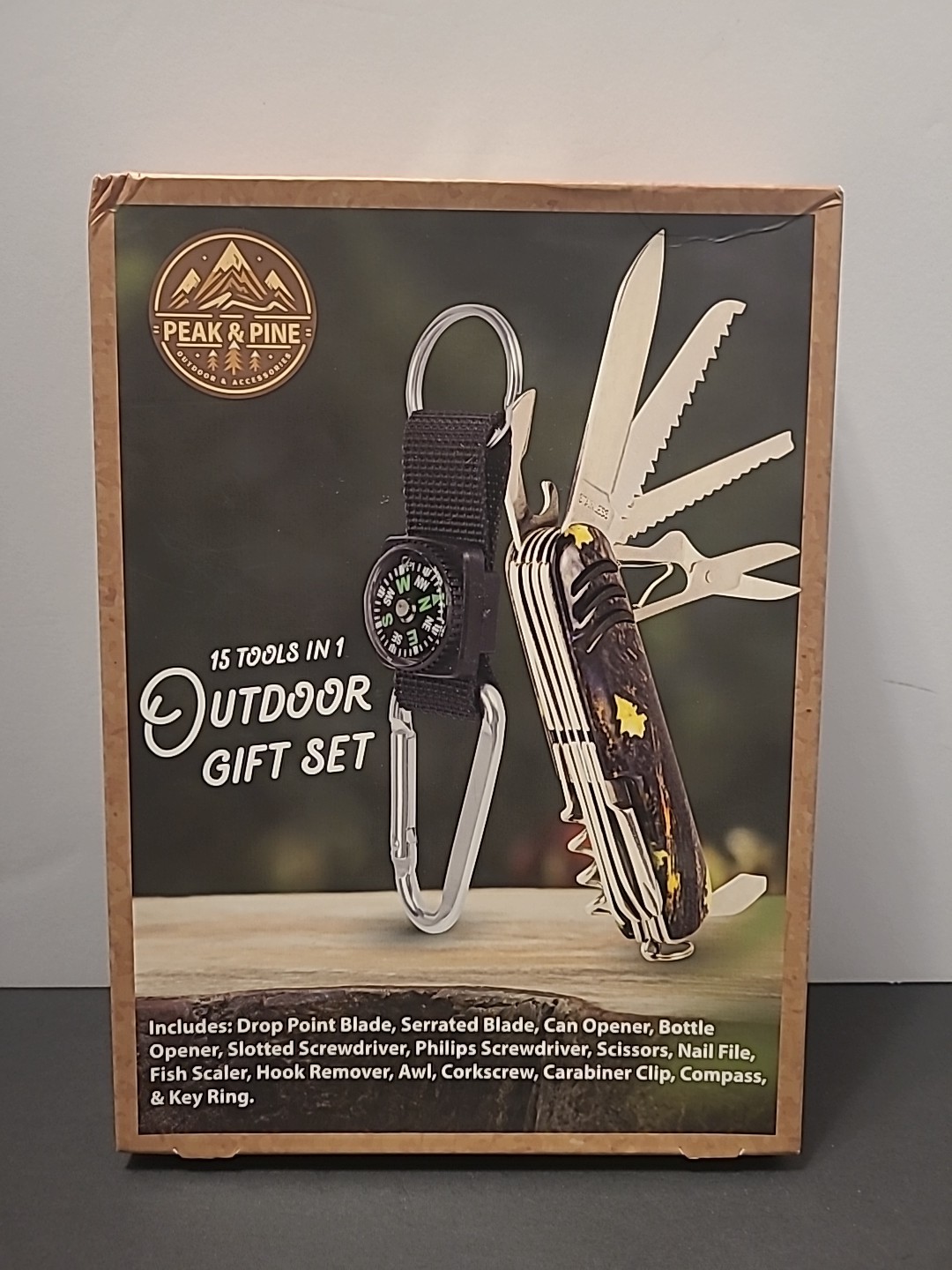 Peak & Pine 15 Tools In 1 Outdoor Gift Set Knife Keyring Compass New-Sealed