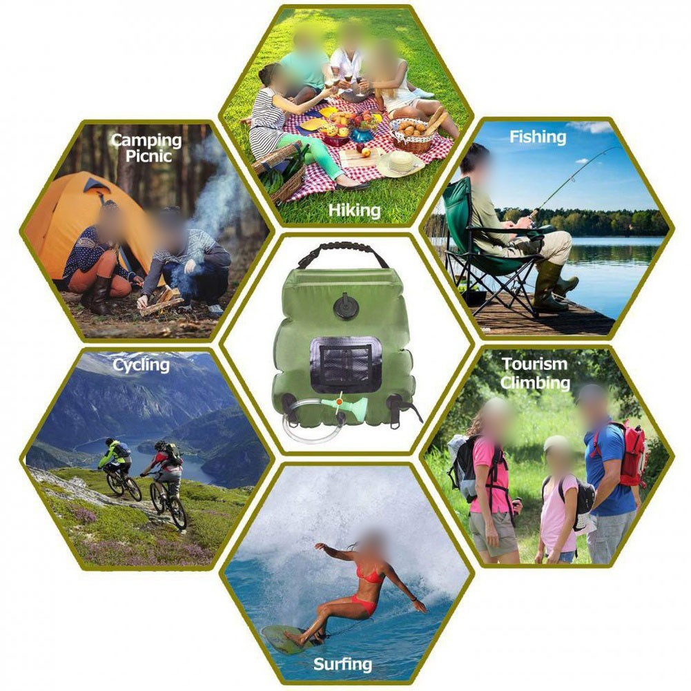 20L Solar Powered Outdoor Camping Shower Bag Heat Absorbing Green Black