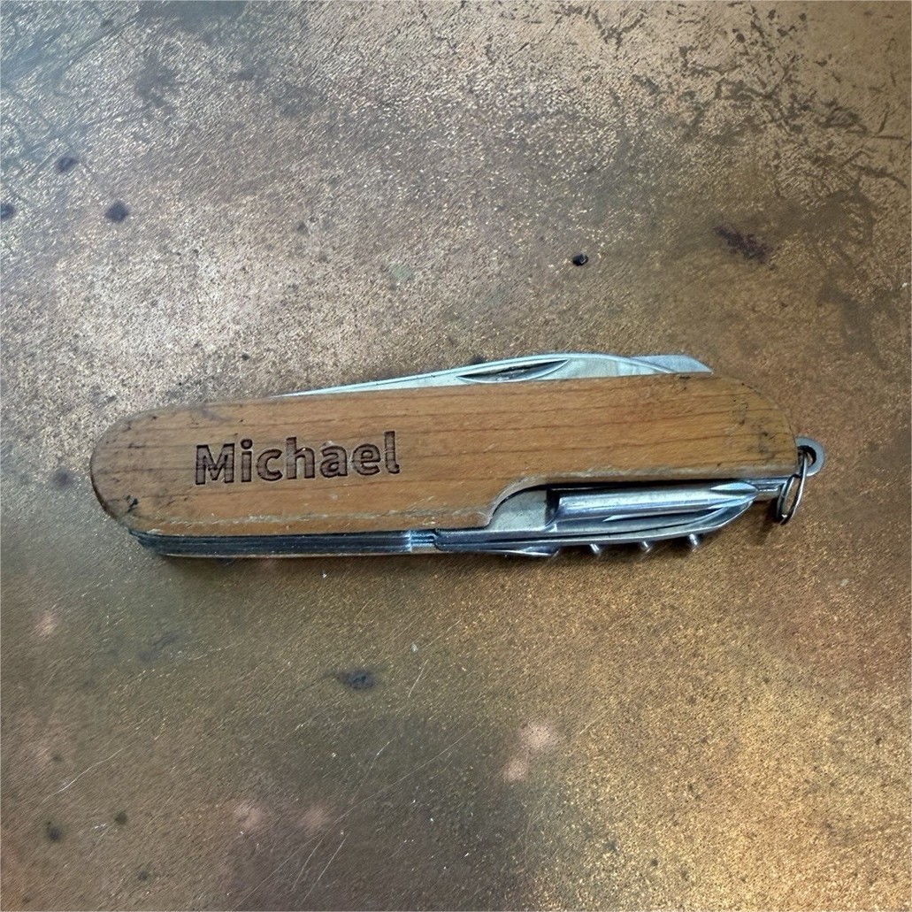 Personalized ‘Michael’ Multi-Tool Knife Wood Handle 7 Functions Brown Silver