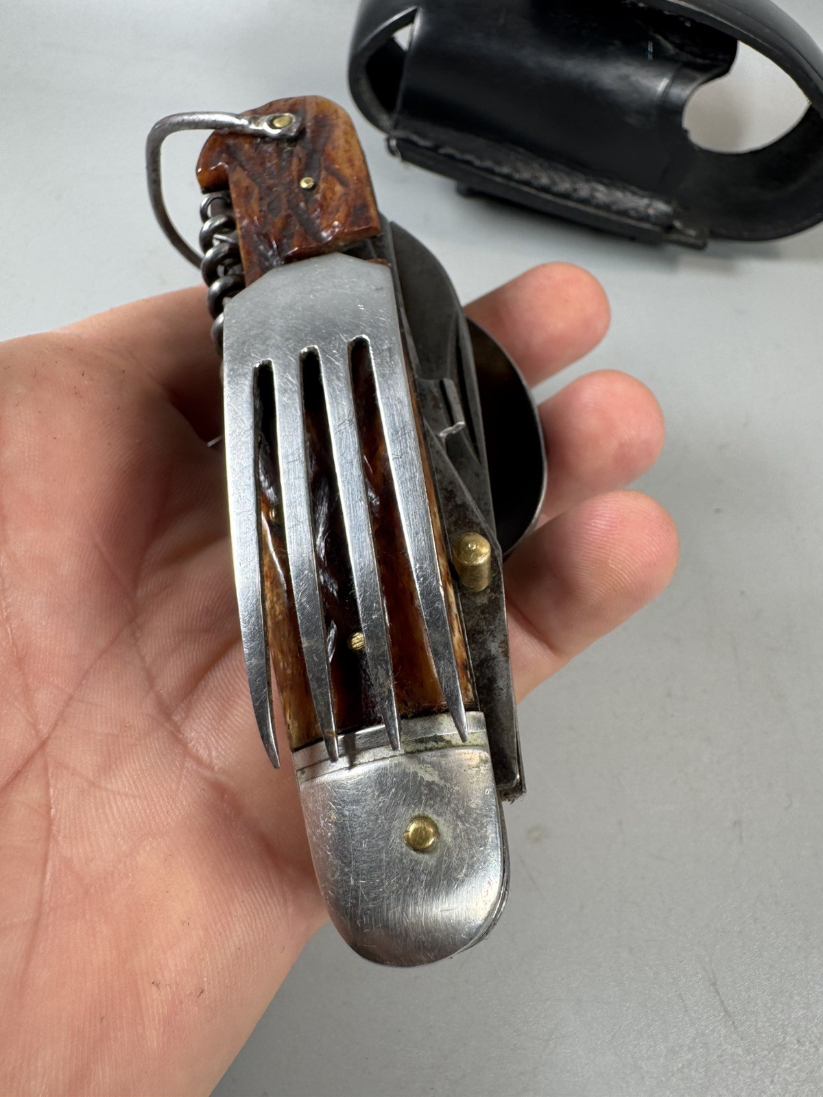 VTG Camping Multi Tool Europe Knife w Spoon Fork Scissors Corkscrew Leather Case