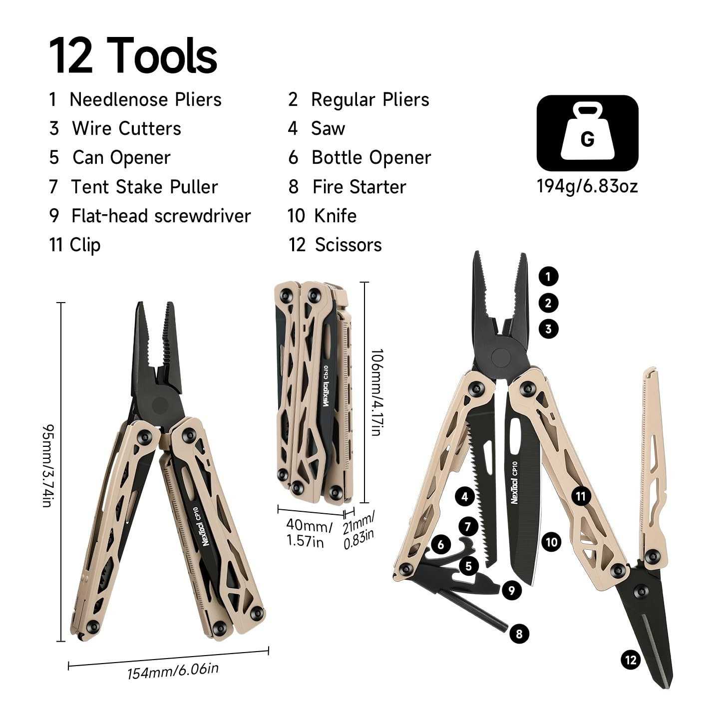 Camper CP10 Multitool，12-in-1 Multi tool with Scissors, Fire Starter, Tent St…