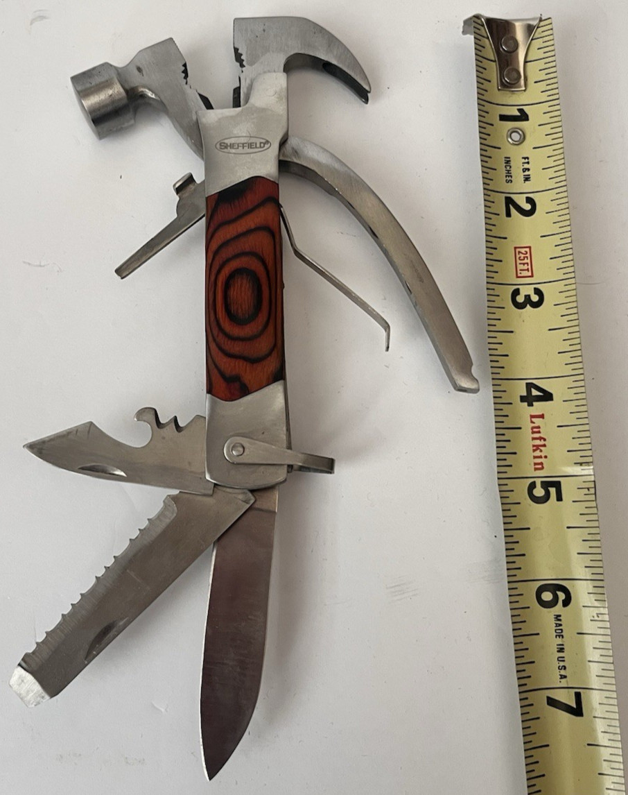 Sheffield 12913 The Hammer 14-In-1 Multi Tool Stainless Steel & Hardwood Handle