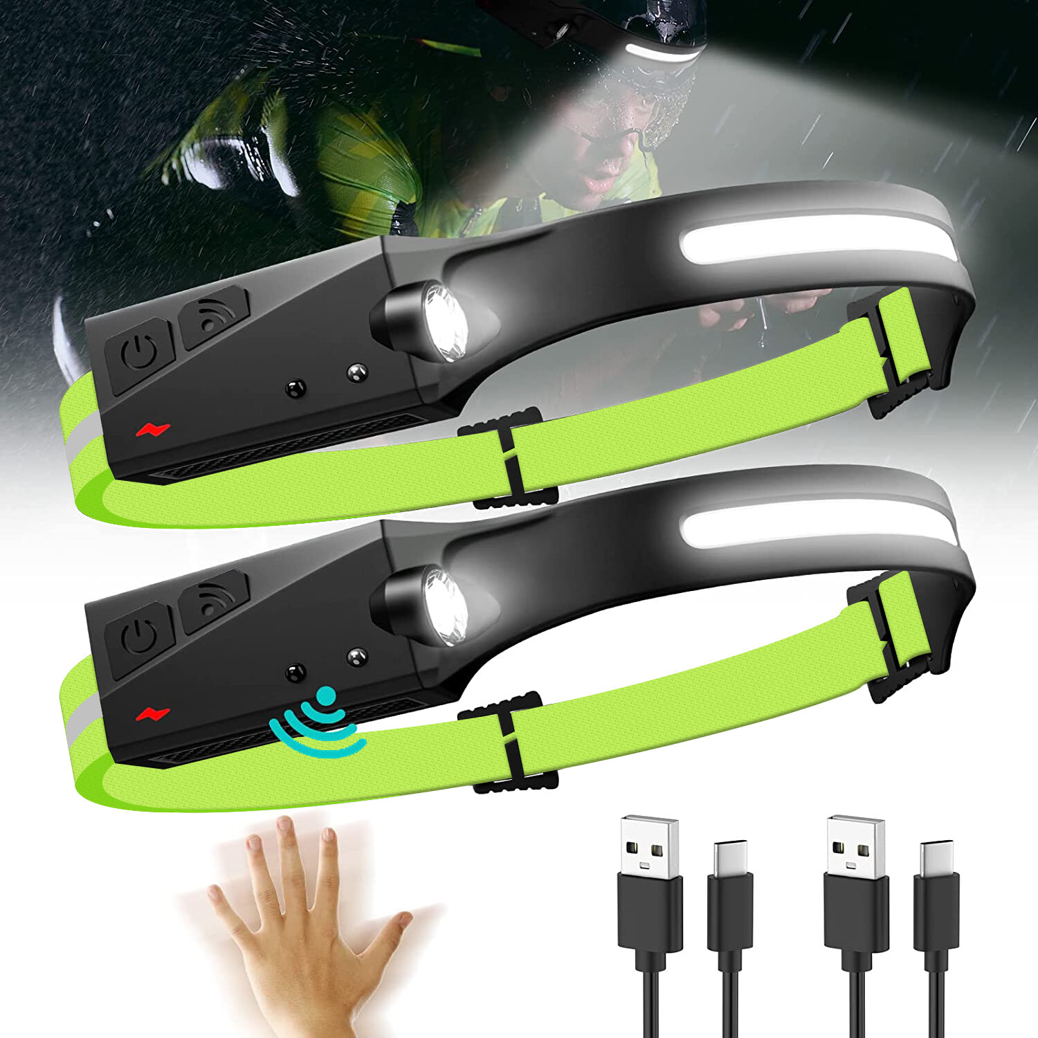 1/2pack Ultra Bright LED COB Head Lamp Lightweight Flashlight for Night Outdoor